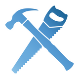 Symbolgrafik mit einem blauen Hammer und einer blauen Säge, die sich überkreuzen; beide Werkzeuge in stilisierter Darstellung mit Farbverlauf von hell- zu dunkelblau.