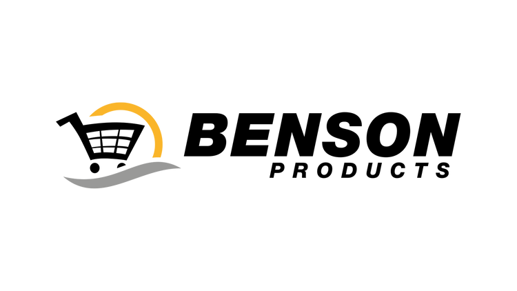 Logo der Marke BENSON PRODUCTS: Schwarzer Schriftzug rechts neben stilisierter Sonne in Orange und grauer Welle darunter, die Wasser oder Boden symbolisiert.