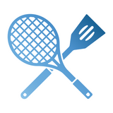 Symbolgrafik mit einem Tennisschläger und einem Kochwender mit Schlitzen, die sich überkreuzen; beide Objekte im Farbverlauf von hell- zu dunkelblau gestaltet.
