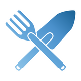 Symbolgrafik mit einer kleinen Handschaufel und einer Handharke, die sich überkreuzen; beide Gartengeräte im Farbverlauf von hell- zu dunkelblau dargestellt.