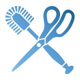 Symbolgrafik mit einer Haushaltsschere und einer Spülbürste, die sich überkreuzen; beide Objekte sind im blauen Farbverlauf dargestellt