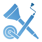 Symbolgrafik mit einem Stützrad und einem Trichter, die sich überkreuzen; beide Objekte in stilisierter blauer Farbgebung dargestellt.