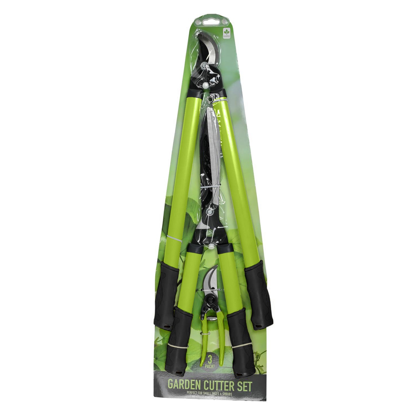 Verpacktes 3-teiliges Gartenscheren-Set mit grünen Griffen, auf Kartonträger fixiert. Sichtbar sind alle drei Werkzeuge von vorn. Hintergrund der Verpackung in Grün mit Aufschrift „Garden Cutter Set“.