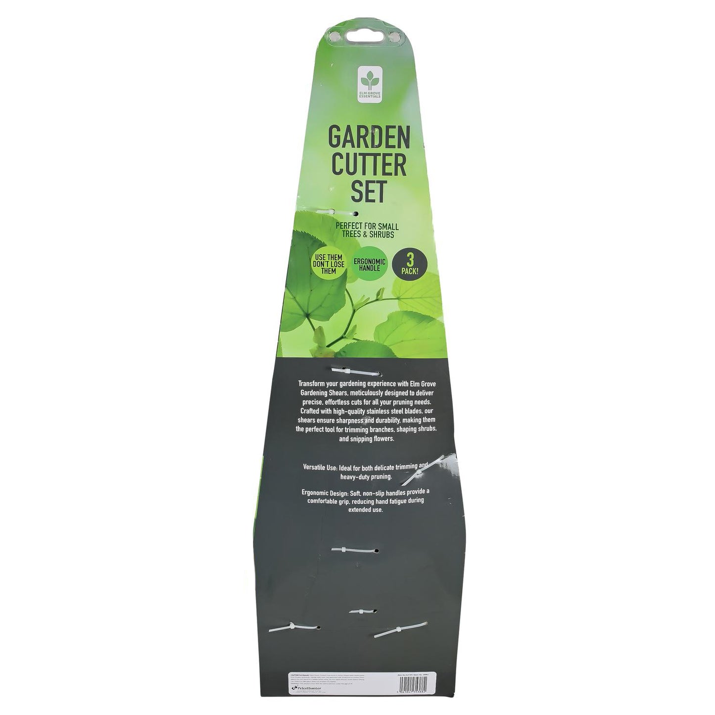 Rückseite der Verpackung eines 3-teiligen Gartenscheren-Sets. Kartonrücken in Blattform mit grüner Aufschrift oben, Textfeld in Weiß auf dunkelgrauem Hintergrund unten.