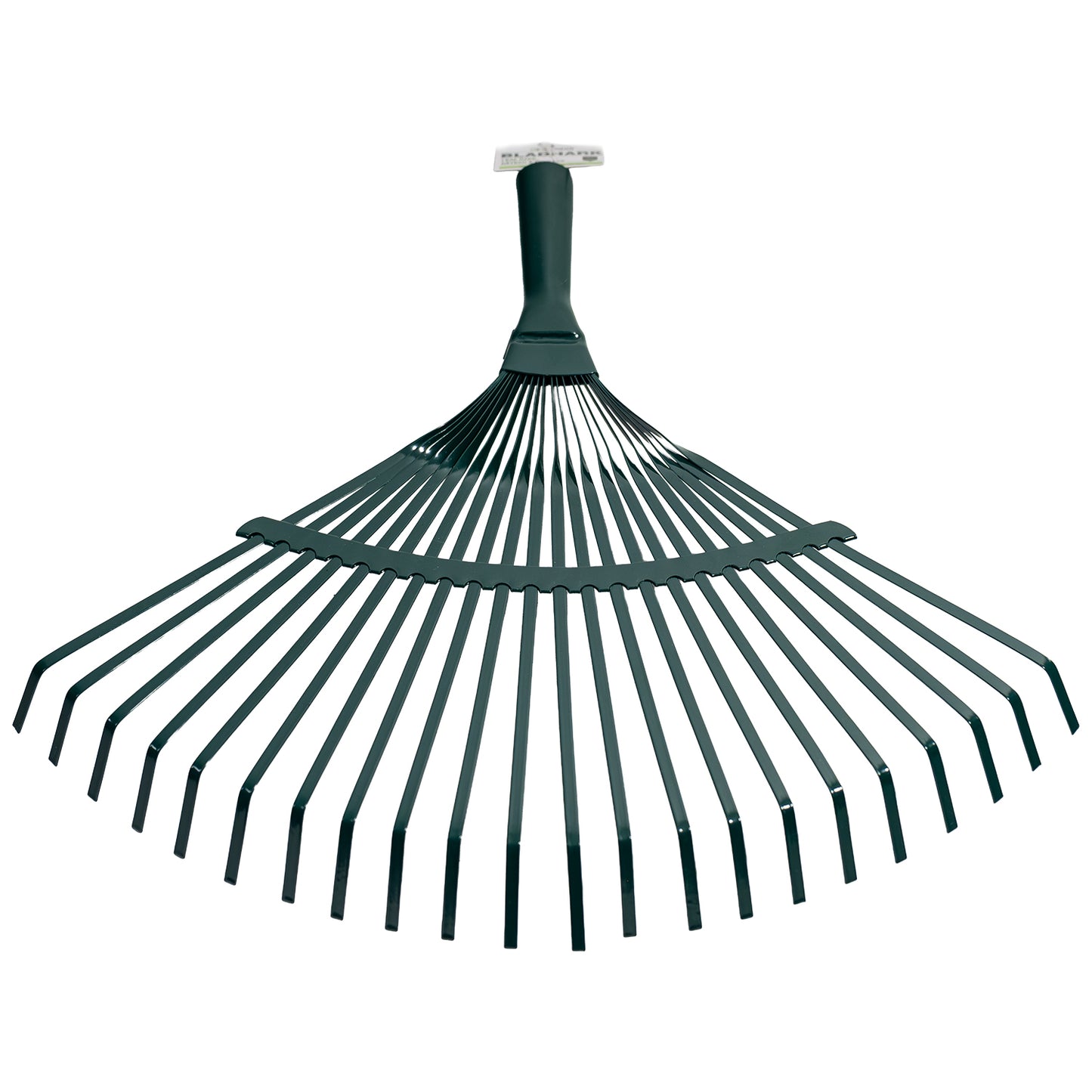 Vorderansicht eines Laubbesens mit breitem Fächer aus Metallzinken und Etikett am oberen Griffende.