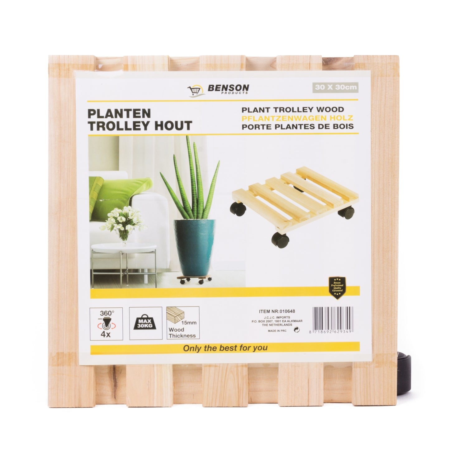 Verpackter Pflanzenroller aus Holz auf weißem Hintergrund, frontal aufgenommen. Auf dem Etikett sind ein Produktfoto, eine Anwendungsdarstellung mit Pflanze, sowie Informationen wie „30?×?30?cm“, „max 30?kg“, „15?mm Holzstärke“ und „4× Rollen“ abgebildet