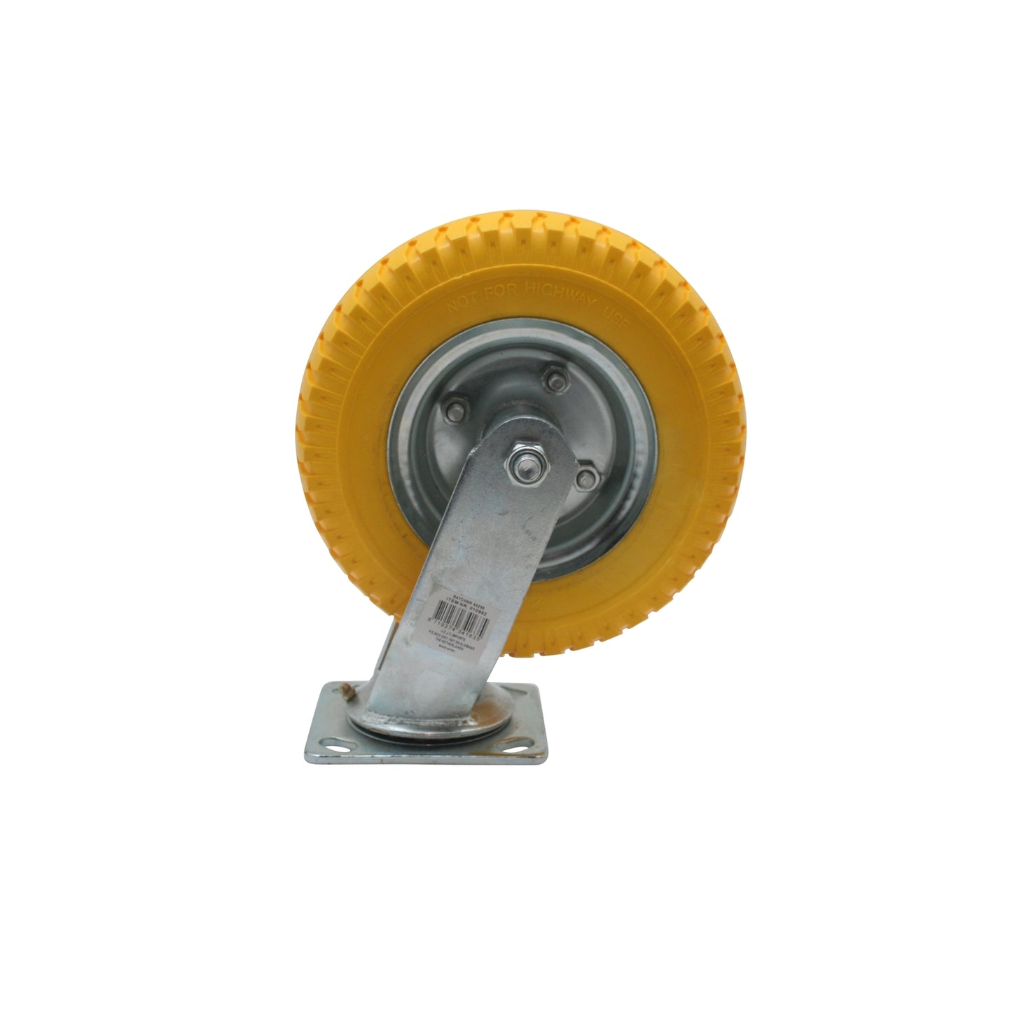 Das Bild zeigt eine gelbe Bockrolle mit Metallhalterung auf weißem Hintergrund. Die Aufnahme erfolgt frontal auf die Lauffläche des Rads. Das Profil des Vollgummirads ist sichtbar, ebenso wie der Metallkern mit zentraler Schraube. An der Halterung ist mit