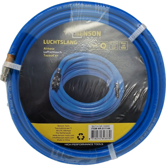Rund aufgewickelter blauer Luftschlauch in transparenter Verpackung, sichtbar mit schwarzem Etikett mit gelbem Aufdruck „Luftschlauch“ und Markenlogo „Benson Tools“, inklusive Barcode und Produktinformationen unten.