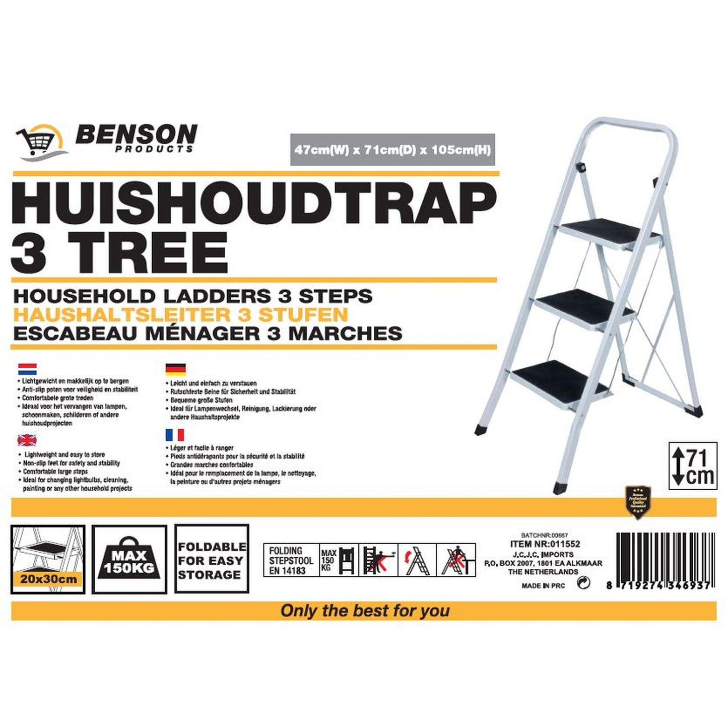 Verpackungsabbildung der weißen Klapptrittleiter mit drei Stufen und Produktinformationen in mehreren Sprachen, inklusive Abmessungen, Tragkraft von 150 kg und Stehhöhe von 71 cm.