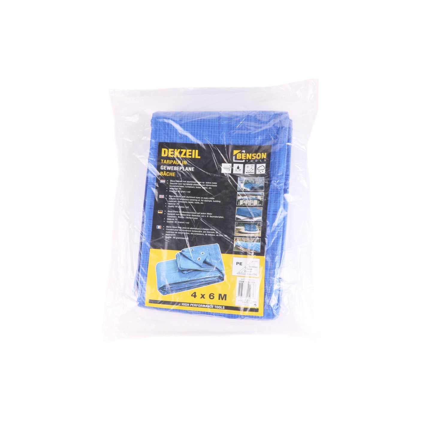 Blaue Gewebeplane von Benson Tools in transparenter Kunststoffverpackung, Etikett mit Produktinformationen und Abmessung 4 × 6 m sichtbar auf der Vorderseite.