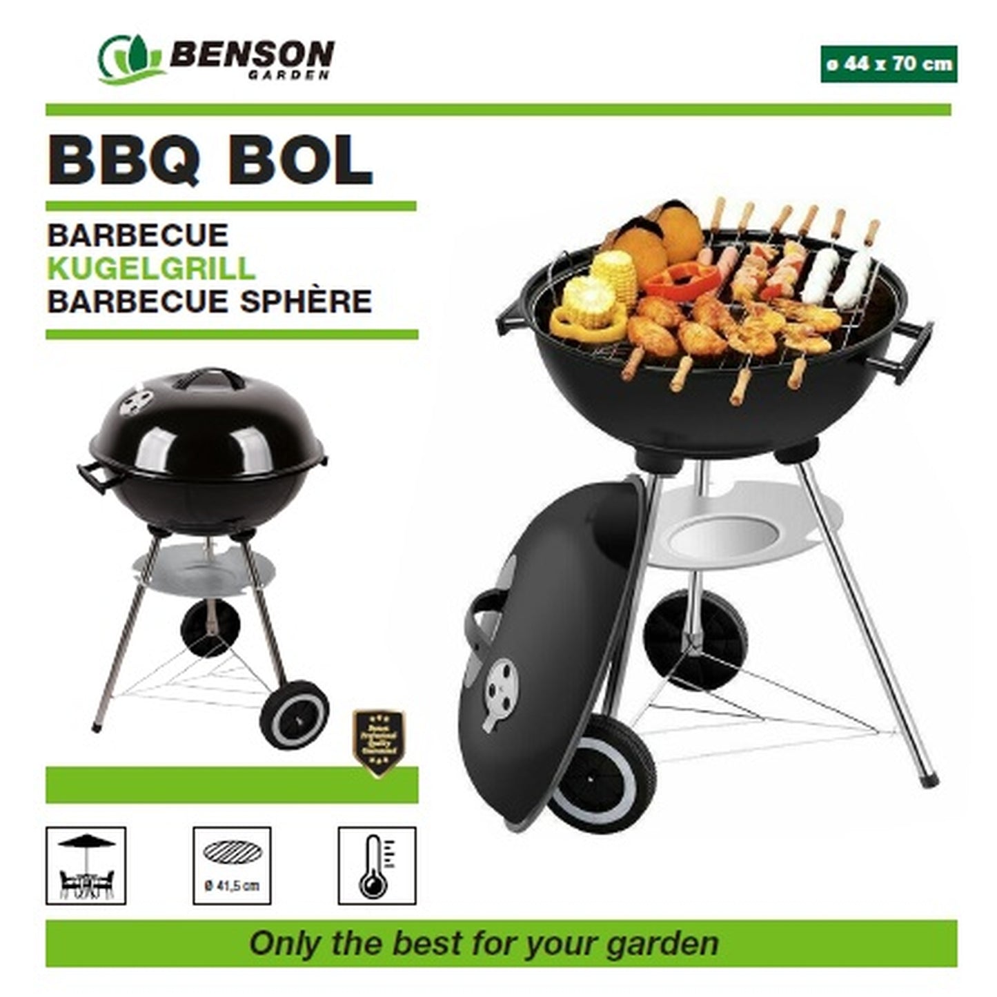 Verpackung eines Kugelgrills mit Fotos des Grills in geschlossenem und geöffnetem Zustand. Auf dem Grill liegt Grillgut. Links unten sind Symbole für Terrasse, Grillfläche und Temperatur dargestellt.