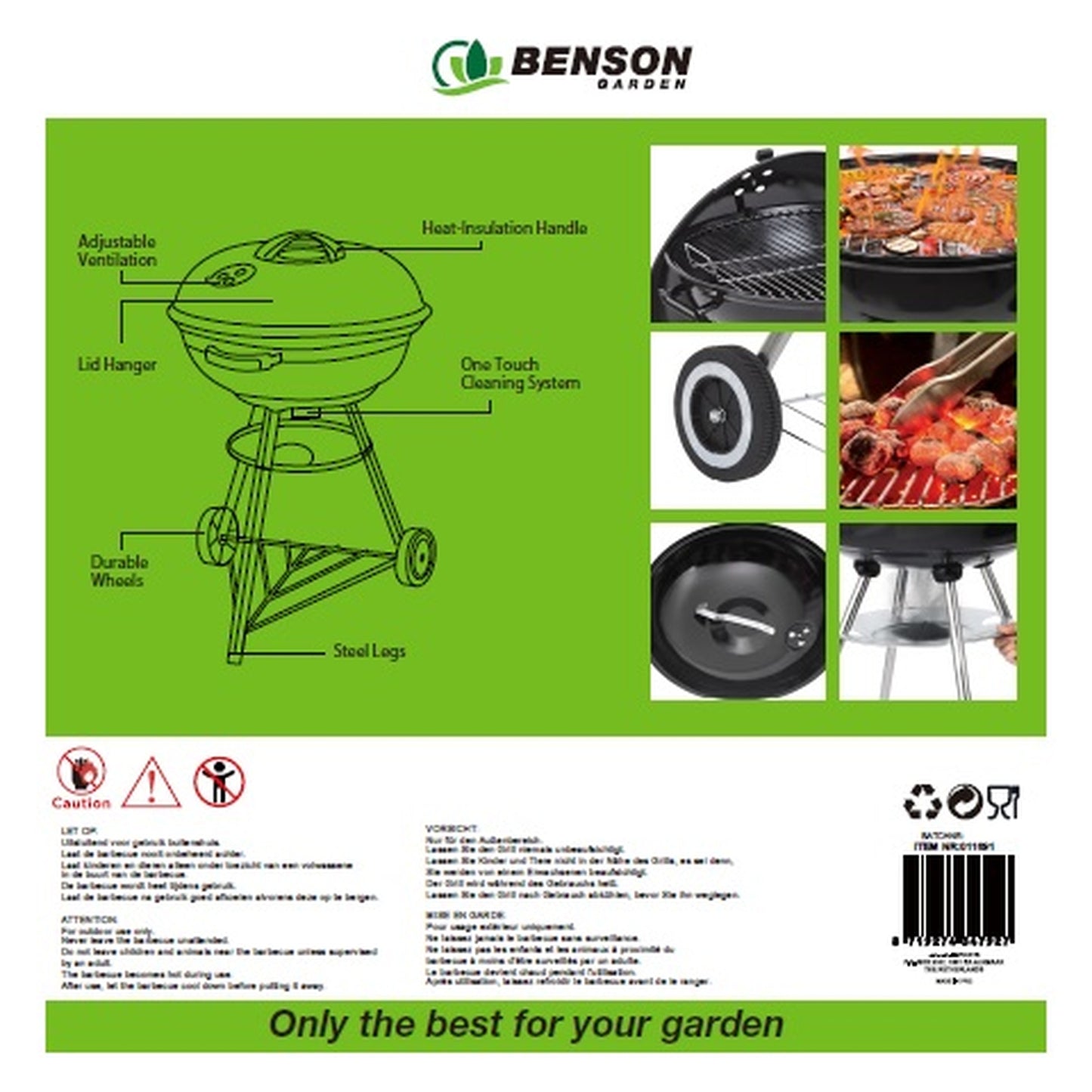 Rückseite der Verpackung eines Kugelgrills mit technischer Zeichnung, Funktionsbeschriftungen und Detailfotos. Text in mehreren Sprachen erklärt Sicherheitshinweise und Produkteigenschaften.