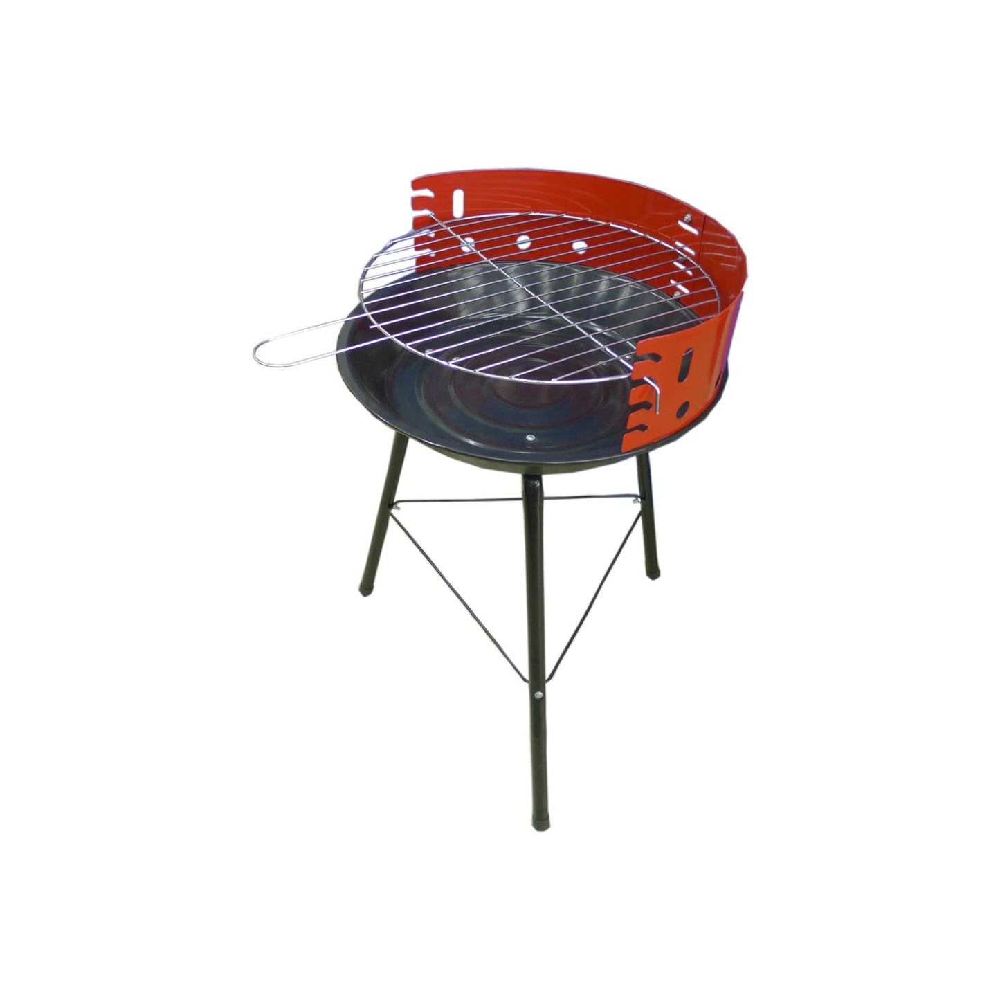 Ein runder, mobiler Holzkohlegrill mit roter Windschutzblende und verchromtem Grillrost auf drei schwarzen Metallbeinen.