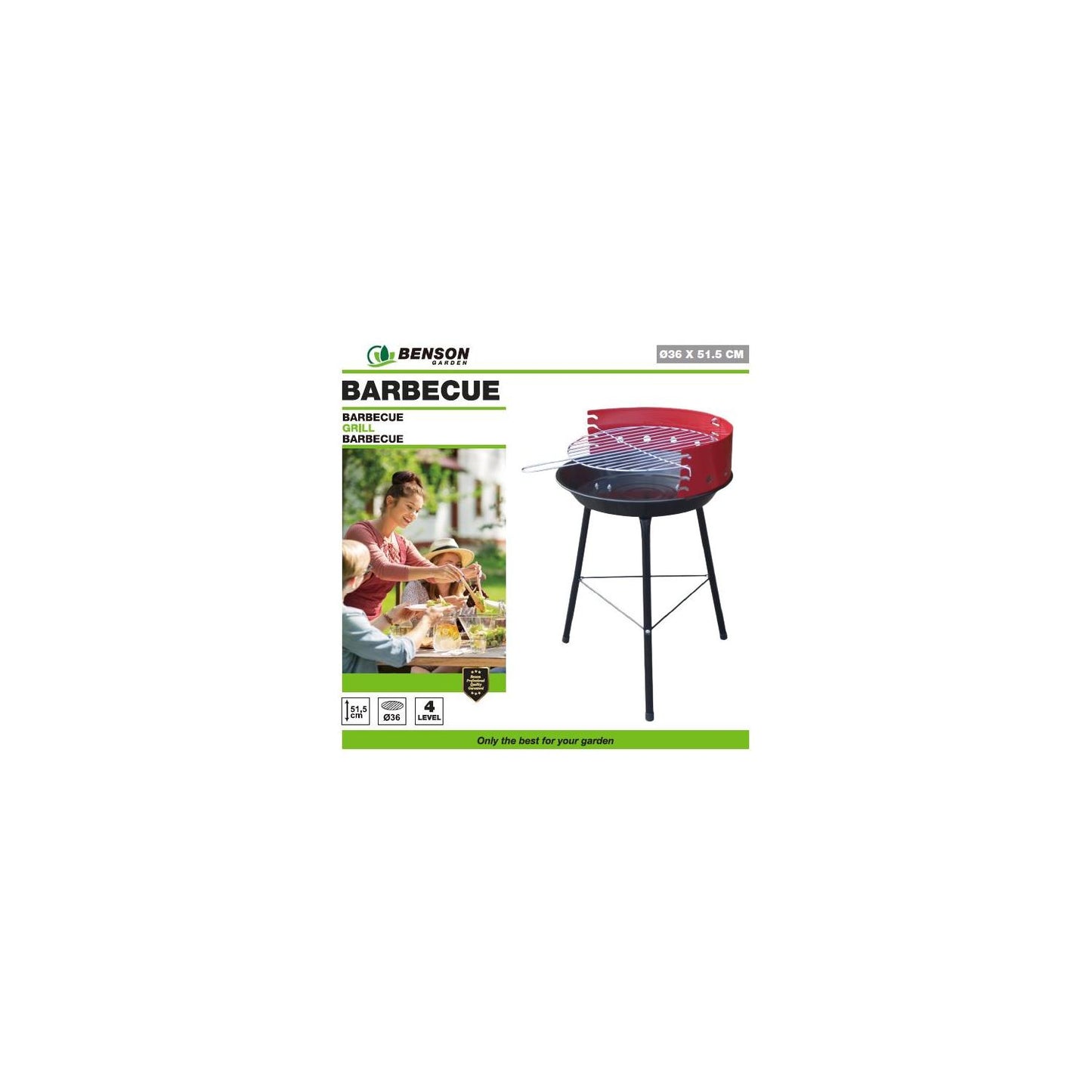 Verpackung eines Holzkohlegrills von Benson mit Produktfoto, Familienfoto beim Grillen und Produkthinweisen in mehreren Sprachen.