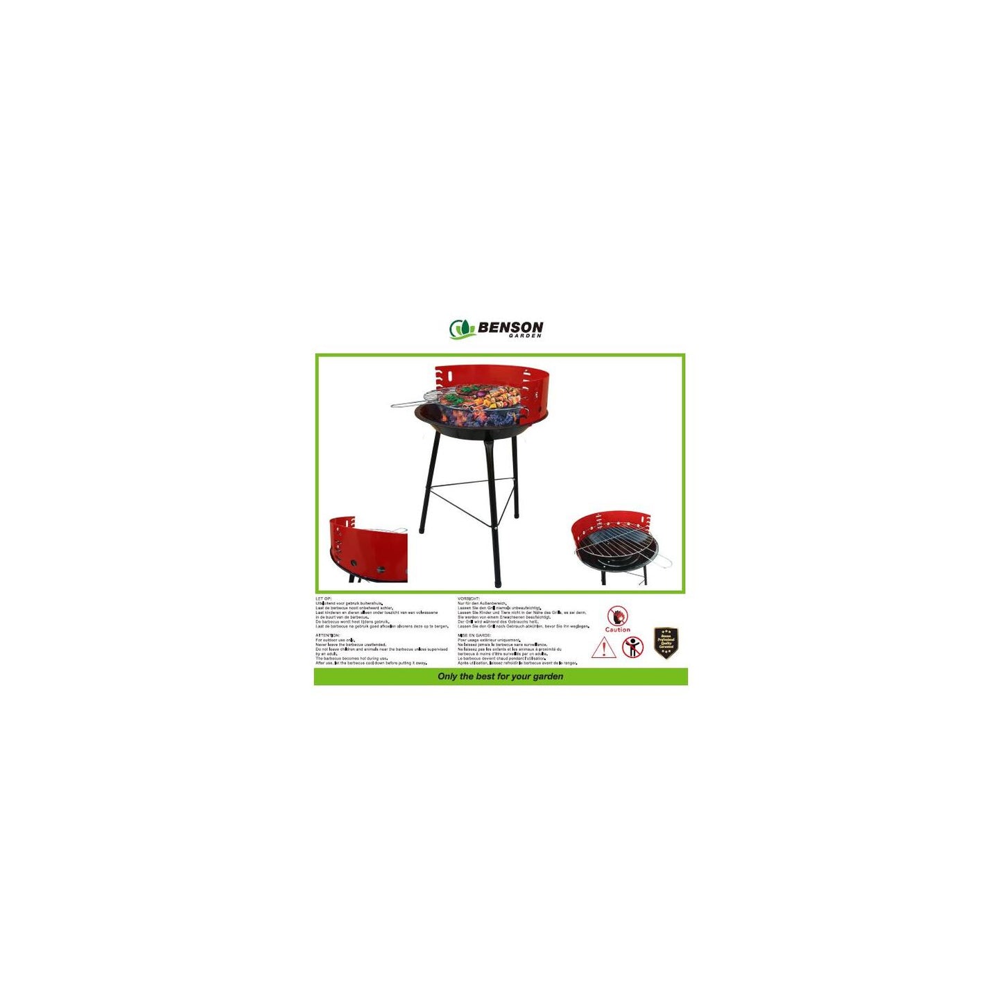 Rückseite der Grillverpackung mit Detailaufnahmen des Holzkohlegrills, Montagehinweisen und Warnsymbolen.