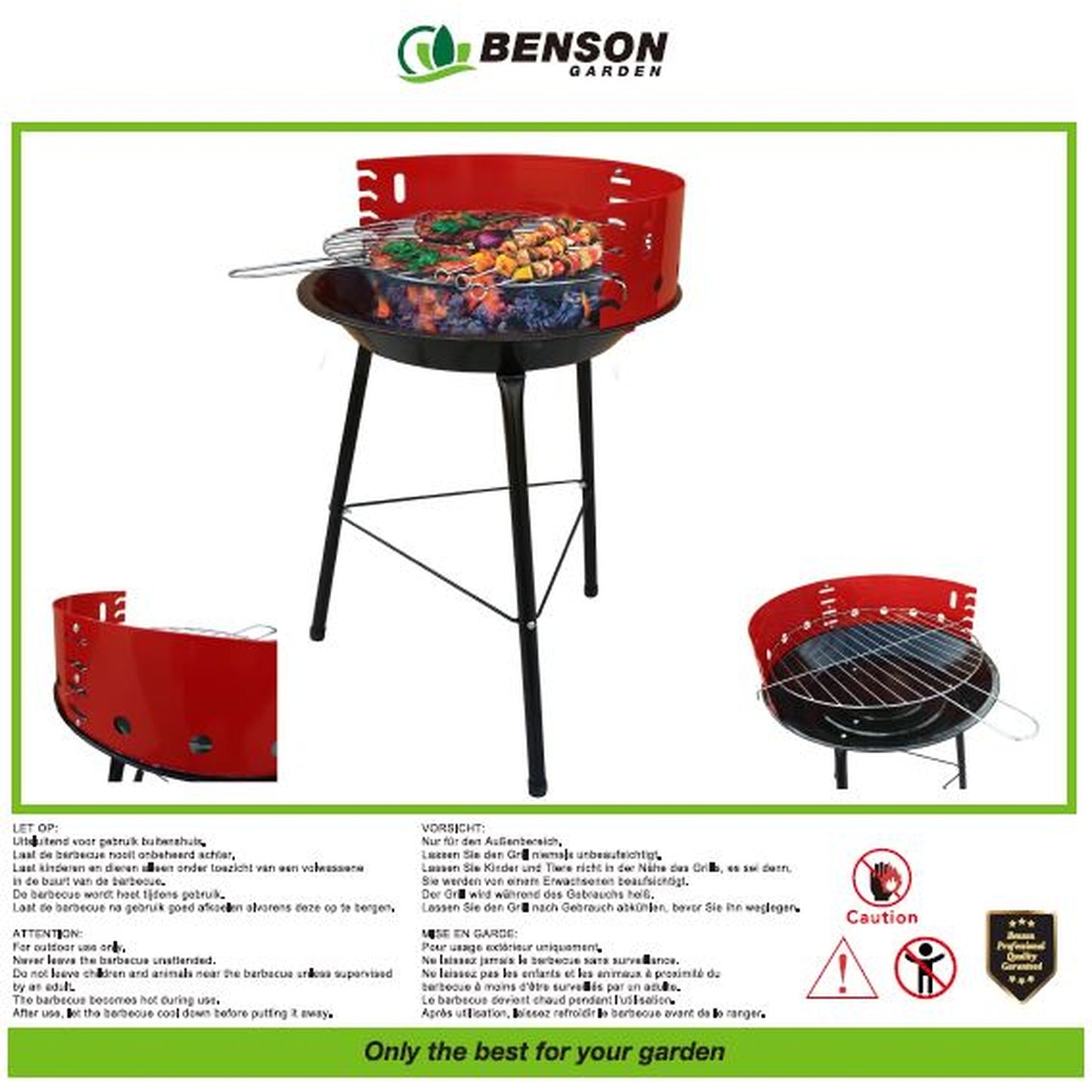 Rückseite der Grillverpackung mit Detailaufnahmen des Holzkohlegrills, Montagehinweisen und Warnsymbolen.