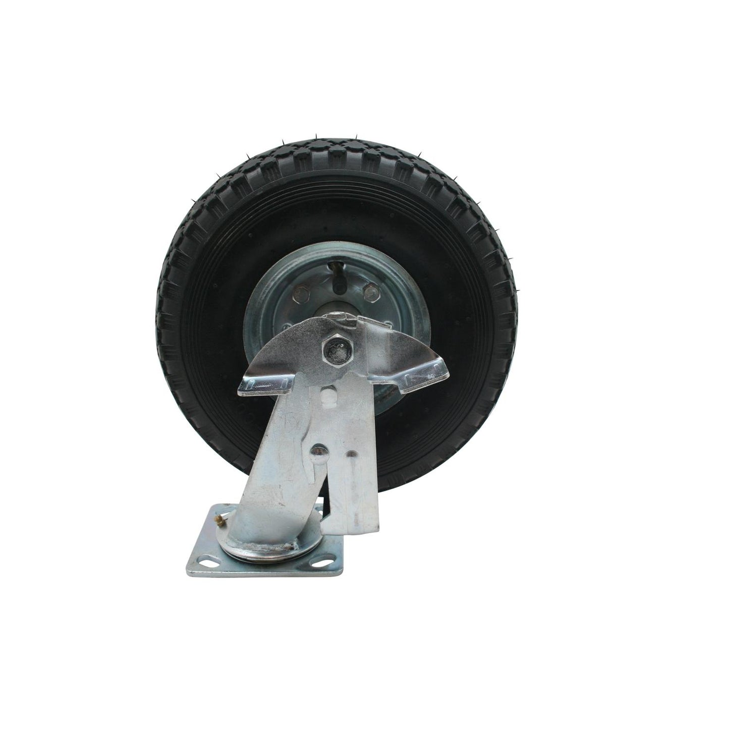 Das Bild zeigt eine Lenkrolle mit schwarzem Luftreifen vor weißem Hintergrund. Die Rolle ist frontal aufgenommen. Sie hat eine geriffelte Oberfläche, eine graue Metallfelge und eine silberfarbene Halterung mit Bremse. Unten befindet sich eine rechteckige