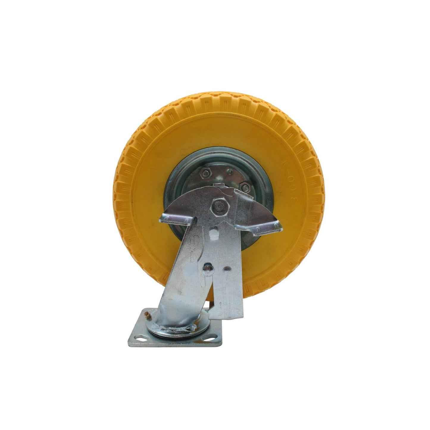 Das Bild zeigt eine gelbe Lenkrolle mit Vollgummibereifung auf weißem Hintergrund. Die Rolle ist von vorn aufgenommen, die gelbe Lauffläche ist rundum sichtbar. Vor dem Rad befindet sich eine silberne Metallhalterung mit integriertem Bremspedal. Die Rolle