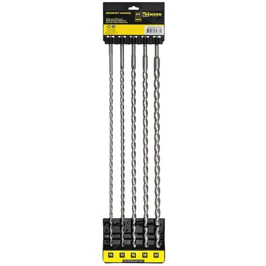 Fünfteiliges Set langer Spiralbohrer in Halterung mit gelb-schwarzem Etikett und Größenangabe 10, 12, 16, 18 und 20 mm, alle Bohrer in vertikaler Anordnung.