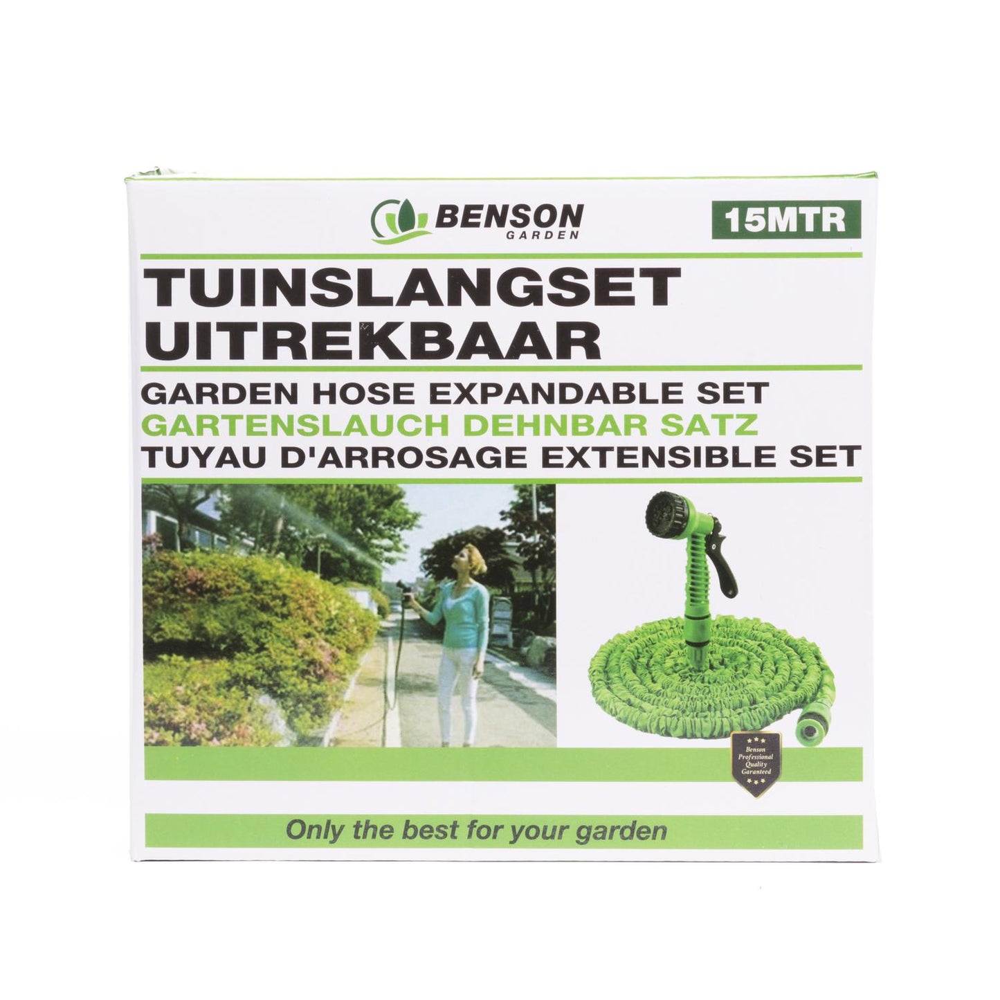 Verpackung eines Gartenschlauch-Sets mit Abbildungen des Produkts und einer Frau beim Gießen, mehrsprachiger Aufdruck mit 'Gartenschlauch Dehnbar Satz' und Angabe '15MTR', vor weißem Hintergrund