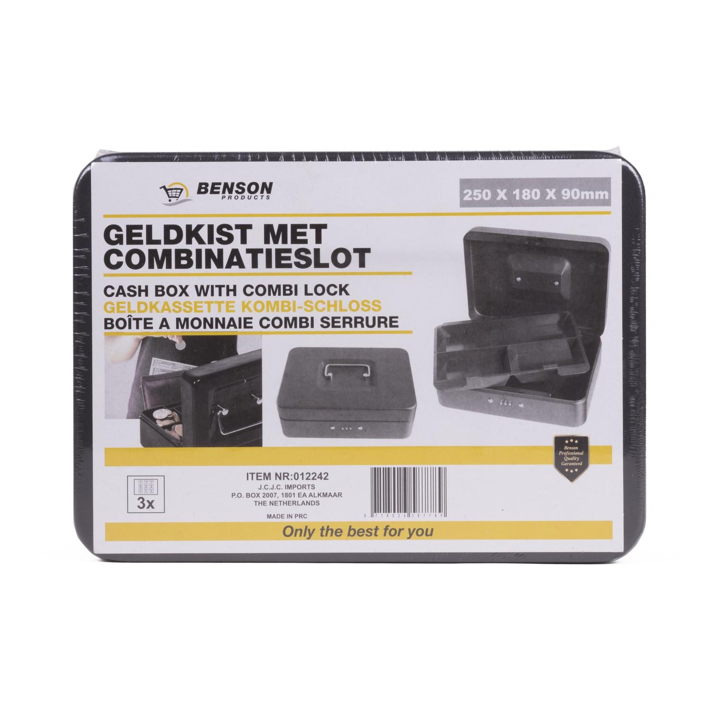 Verpackung der Geldkassette frontal aufgenommen. Die Vorderseite zeigt Produktabbildungen, Anwendungsfotos und mehrsprachige Produktbeschreibung, freigestellt auf weißem Hintergrund