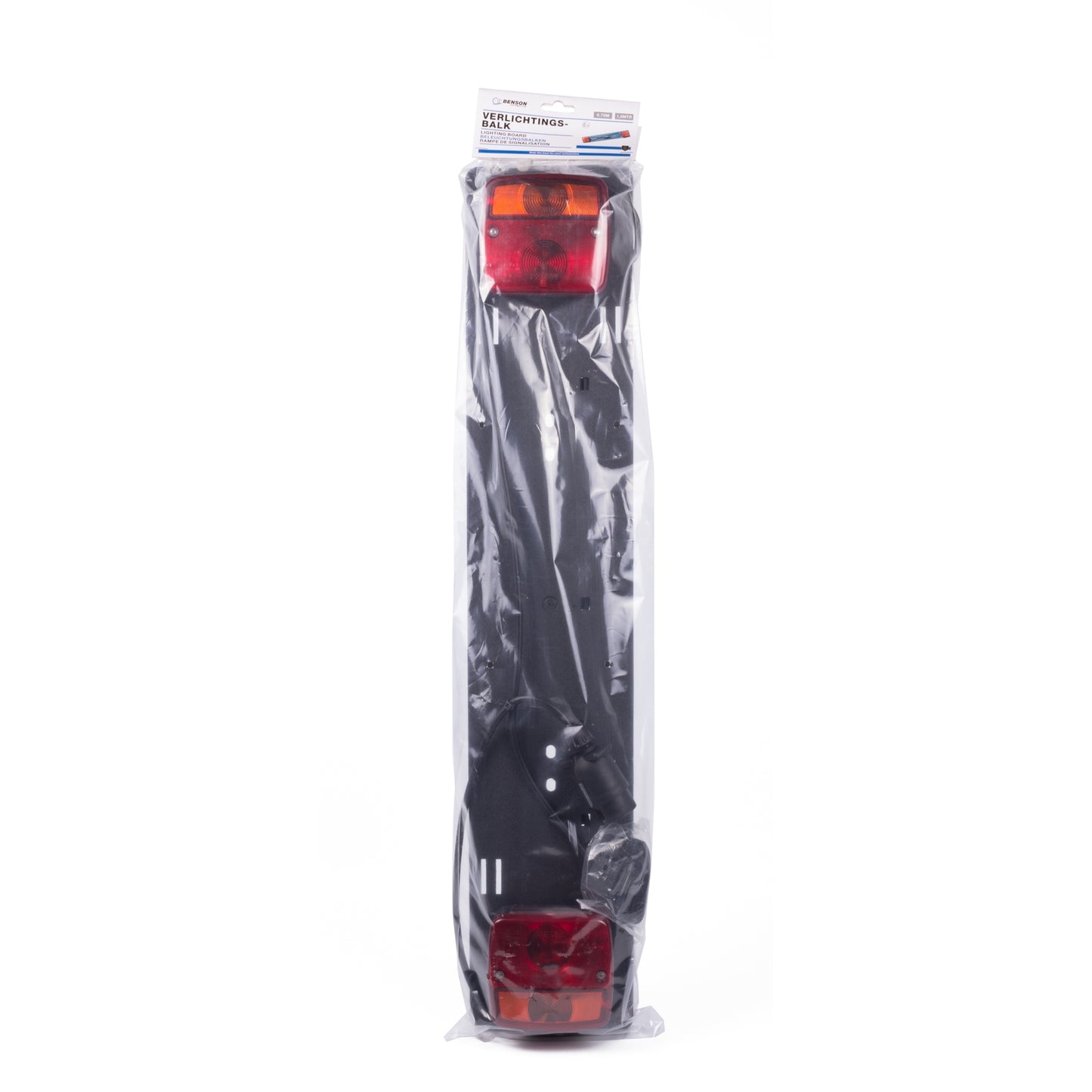 Lichtleiste mit montierten Rückleuchten, stehend in transparenter Kunststoffverpackung mit Produktetikett oben.