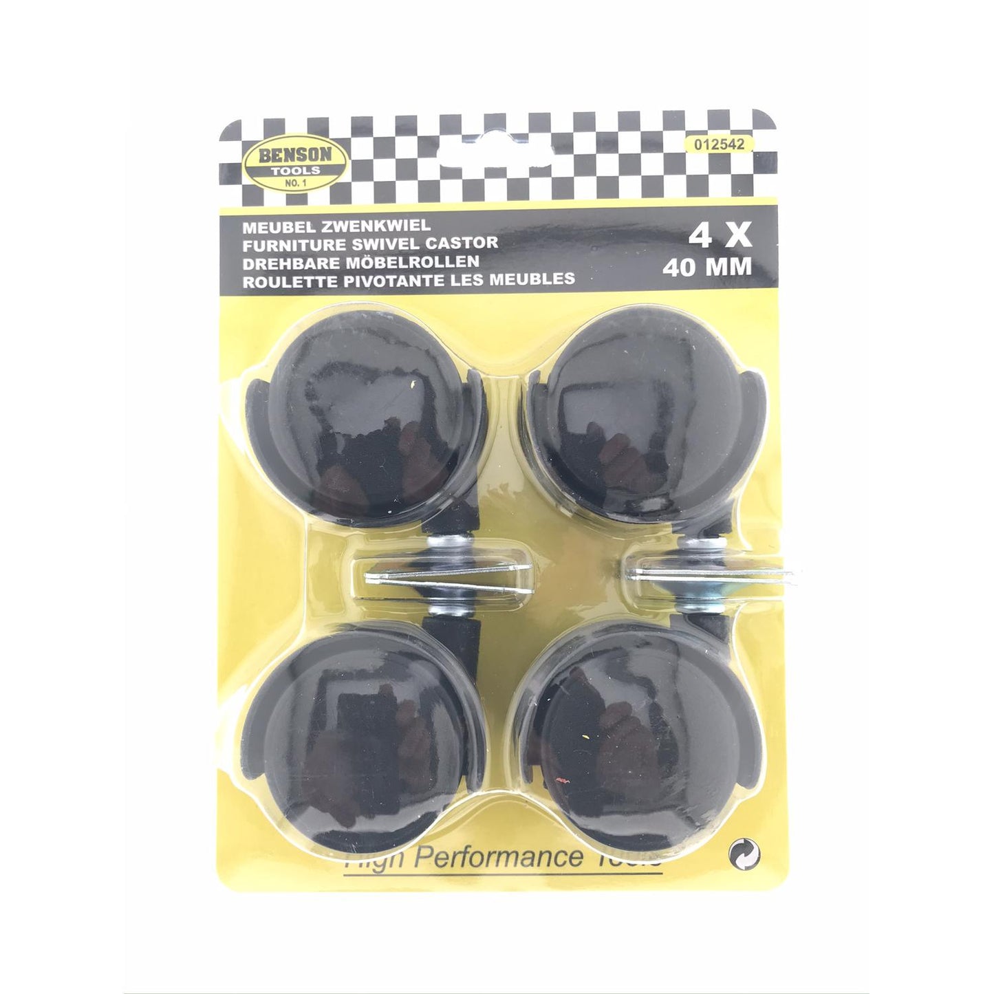 Verpackung mit vier drehbaren Möbelrollen der Marke Benson Tools auf gelbem Hintergrund mit schwarz-weißem Karomuster. Oben sind Produktbezeichnung und Maße („4 x 40 mm“) in mehreren Sprachen angegeben. Die Rollen liegen sichtbar in einer transparenten Ku