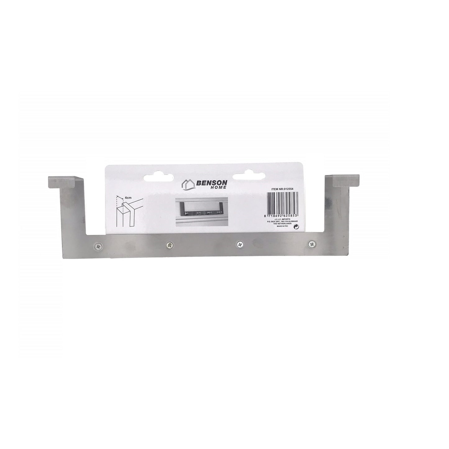 Rückseite der verpackten Türgarderobe mit Barcode, Herstellerangaben und Zeichnung zur Befestigung über der Tür.