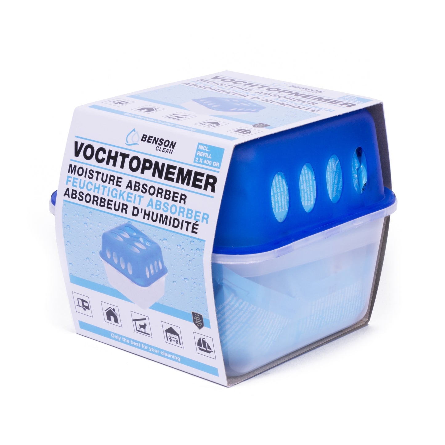 Verpackte Raumentfeuchter-Box mit blauem Deckel und zwei Nachfüllpacks, dargestellt in einer Umverpackung mit Produktaufdruck „VOCHTOPNEMER – Moisture Absorber“.