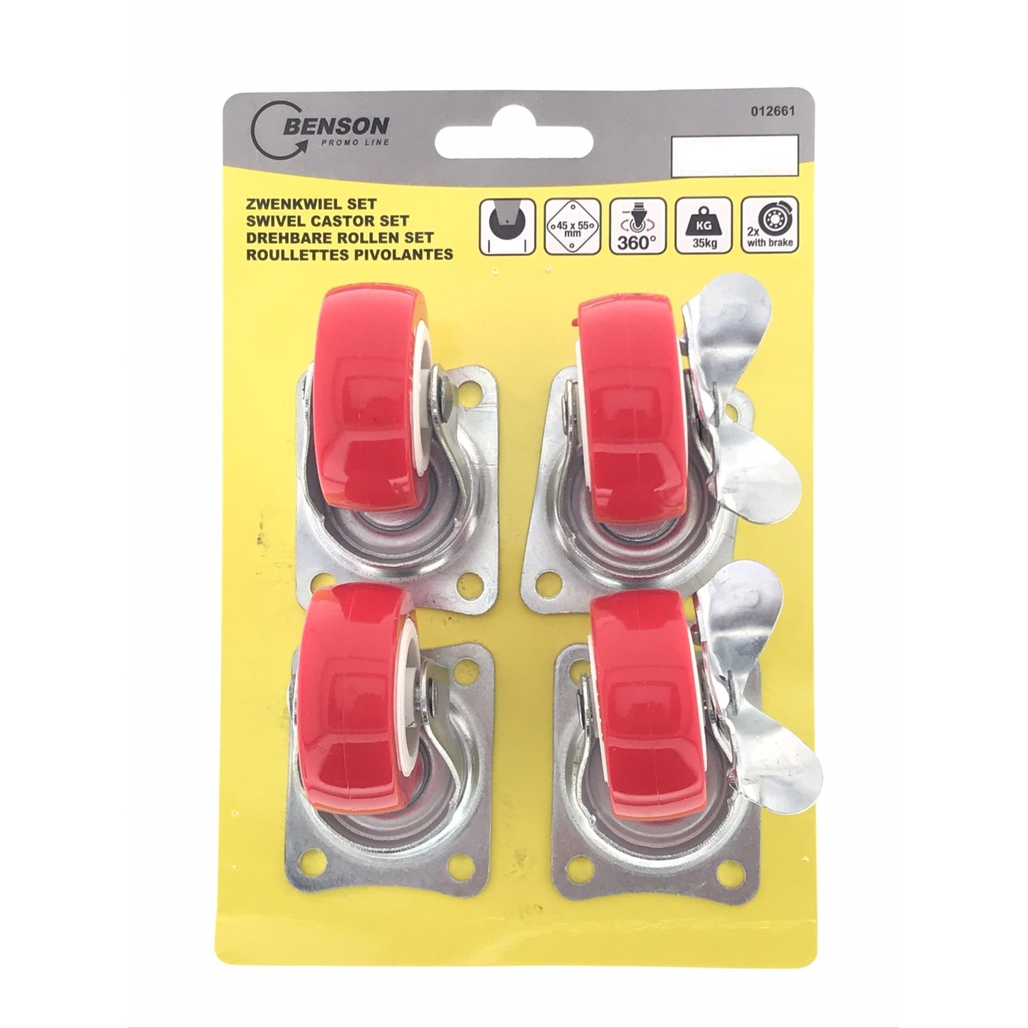 Verpackung auf gelbem Karton mit vier Lenkrollen mit roten Rädern, zwei davon mit Bremse. Oben links stehen Markenname „BENSON“ und der Artikelname in vier Sprachen. Rechts daneben fünf Piktogramme: Maße 46 × 55?mm, drehbar 360°, Belastbarkeit 35?kg, Roll