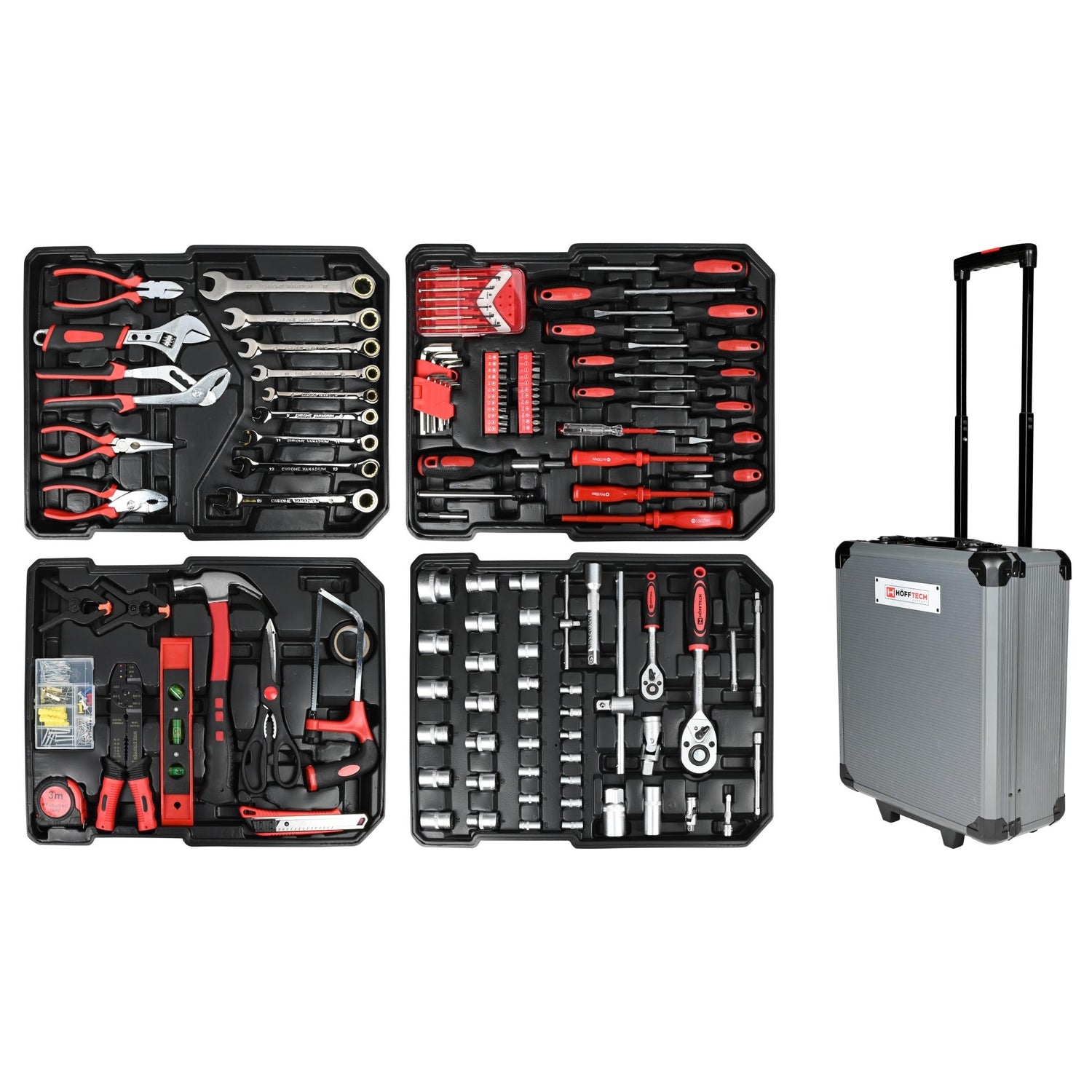 Vier Werkzeugeinsätze mit unterschiedlichen Handwerkzeugen wie Schraubenschlüsseln, Zangen, Stecknüssen und Schraubendrehern, daneben ein silberner Werkzeugkoffer mit Teleskopgriff und Rollen.