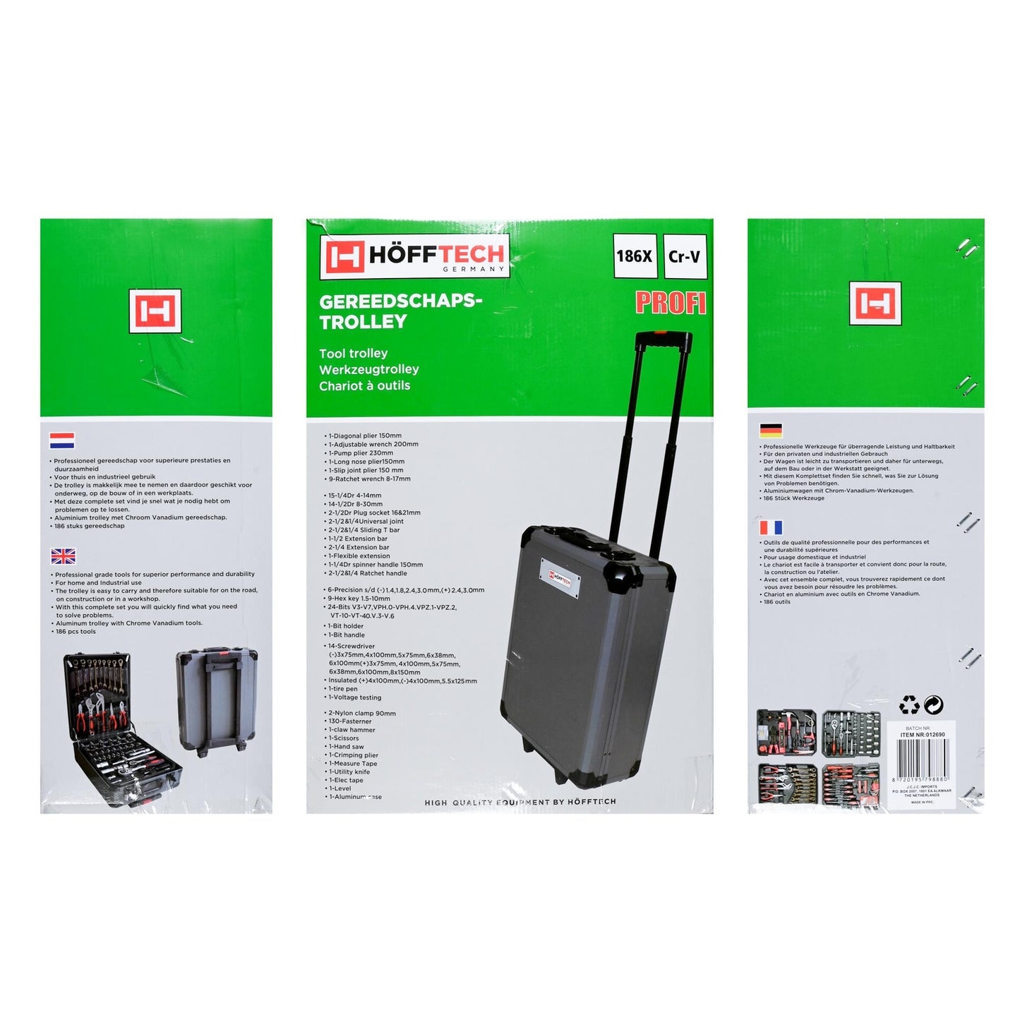 Verpackung des Höfftech-Werkzeugtrolleys mit Produktbeschreibung in mehreren Sprachen, Abbildung des Koffers mit ausgezogenem Griff und Werkzeuginhalt unten links.