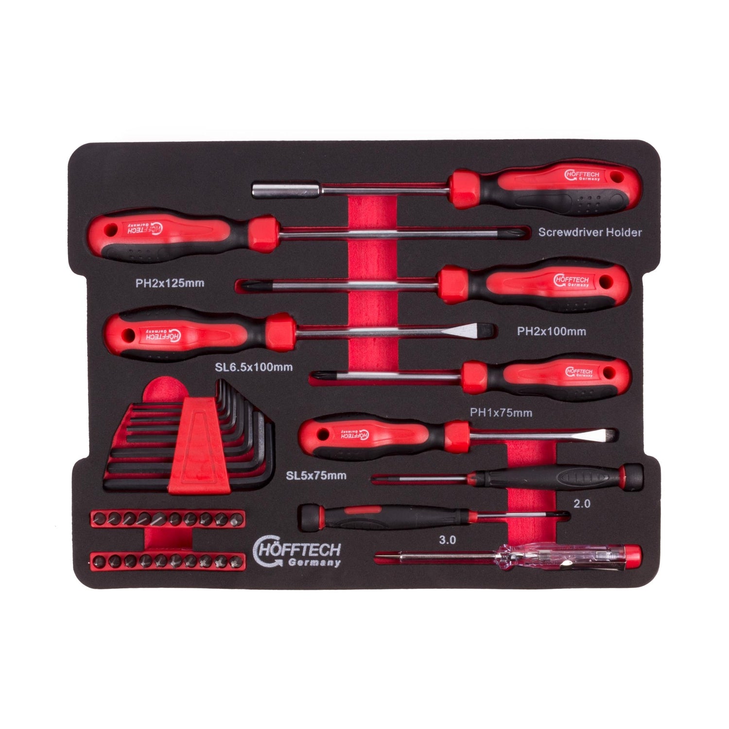 Einsatz mit Schraubendrehern in verschiedenen Größen, rotschwarze Griffe, zusätzlich Inbusschlüssel und Bits in geformter Einlage.