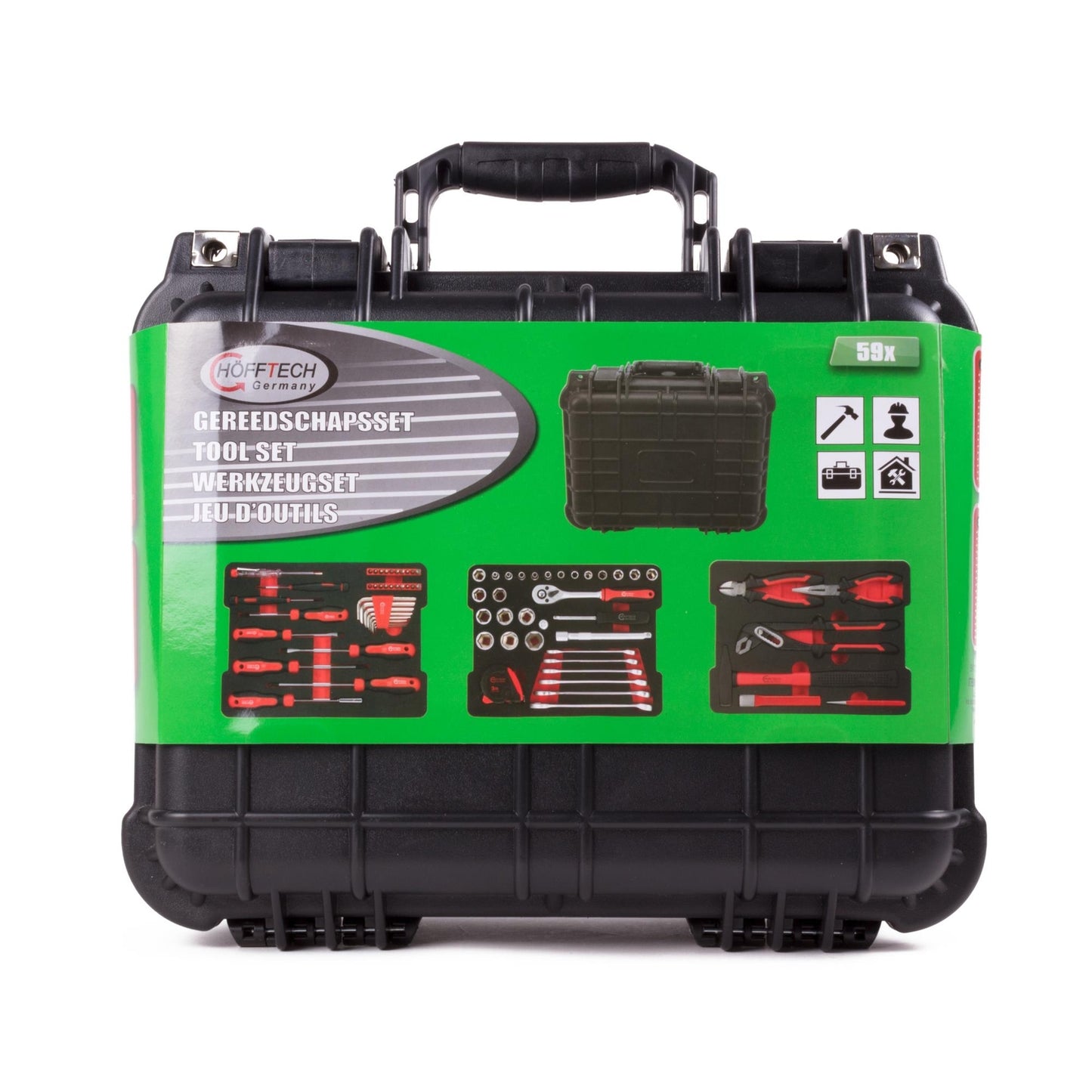 Vorderseite des schwarzen Werkzeugkoffers mit grüner Banderole und Produktabbildungen der enthaltenen Werkzeuge.