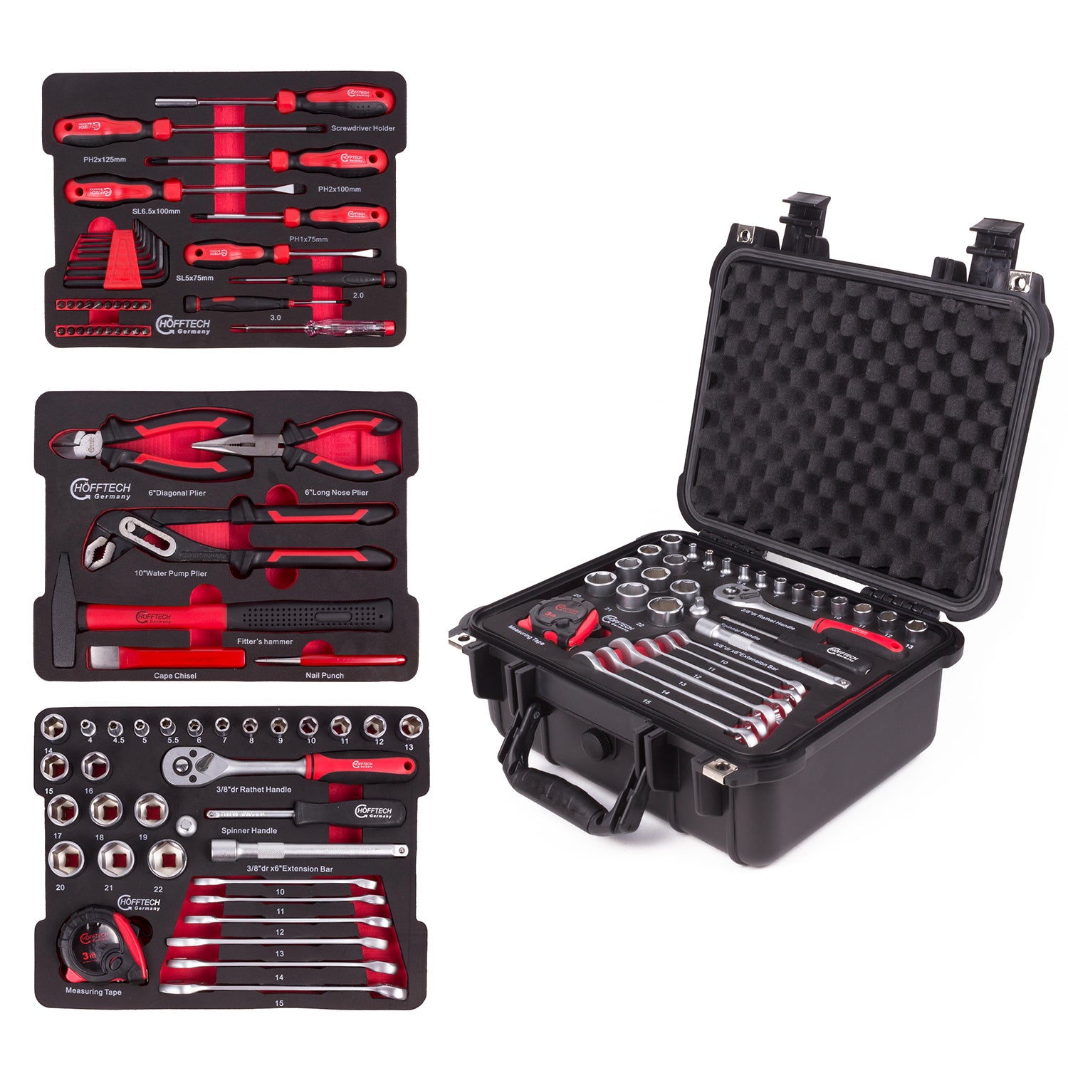 Schwarzer Werkzeugkoffer mit mehreren herausnehmbaren Einsätzen, bestückt mit Schraubendrehern, Zangen, Hämmern, Steckschlüsseln und Ringschlüsseln, alle Werkzeuge mit roten Griffen.