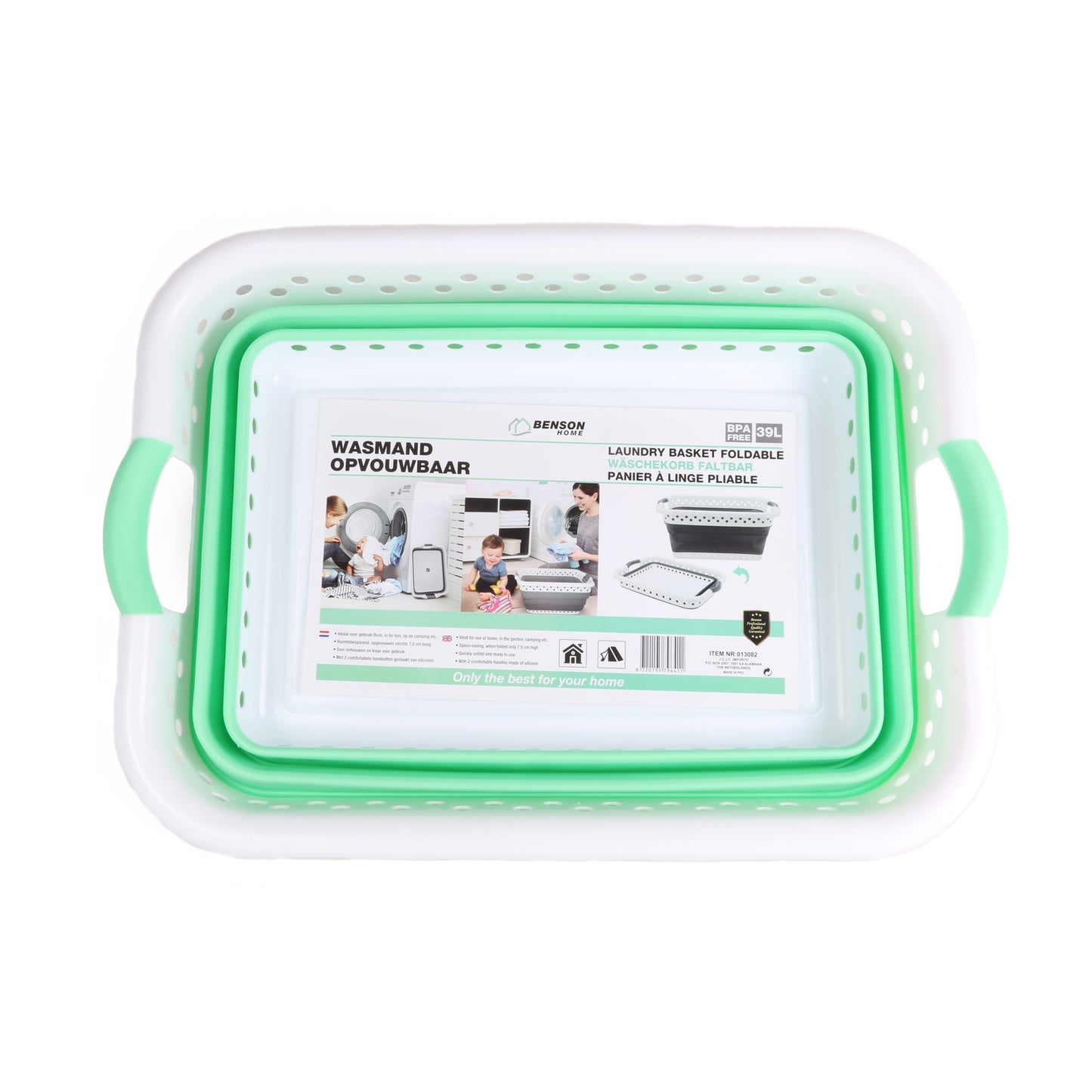 Zusammengeklappter Wäschekorb in Weiß und Mintgrün, von oben gezeigt, mit sichtbarem Produktetikett und Abbildungen zur Anwendung.