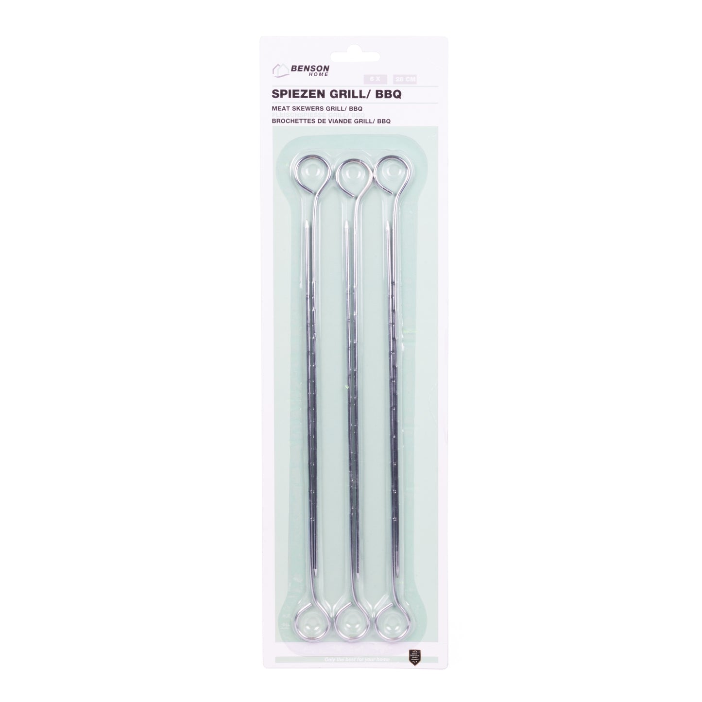 Verpackung mit sechs silberfarbenen Metallspießen. Aufdruck oben: „Benson Home Spießen Grill/BBQ – Meat Skewers Grill/BBQ“. Die Spieße sind in Blisterverpackung zu je drei Stück nebeneinander sichtbar.