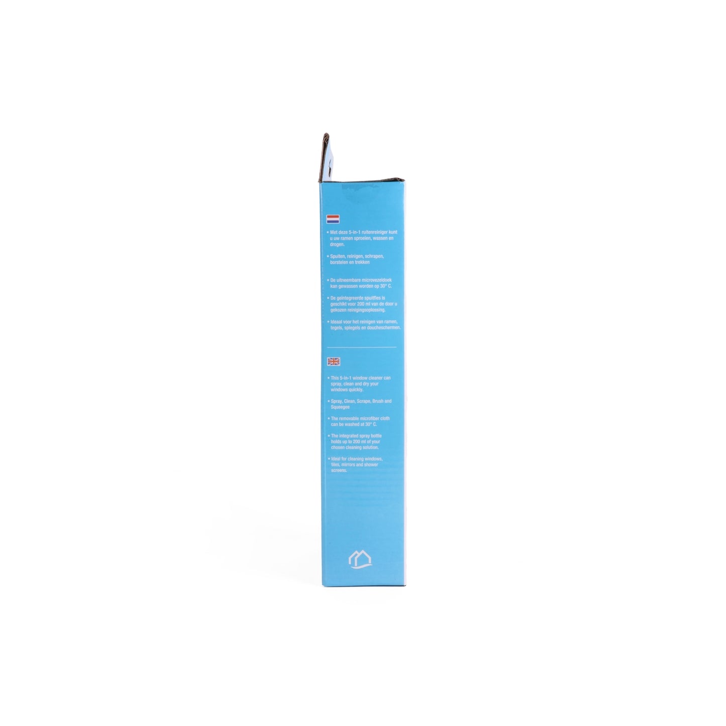 Seitenansicht der Verpackung mit mehrsprachiger Produktbeschreibung in Blau-Weiß und dem Hinweis auf die 5-in-1-Funktion.