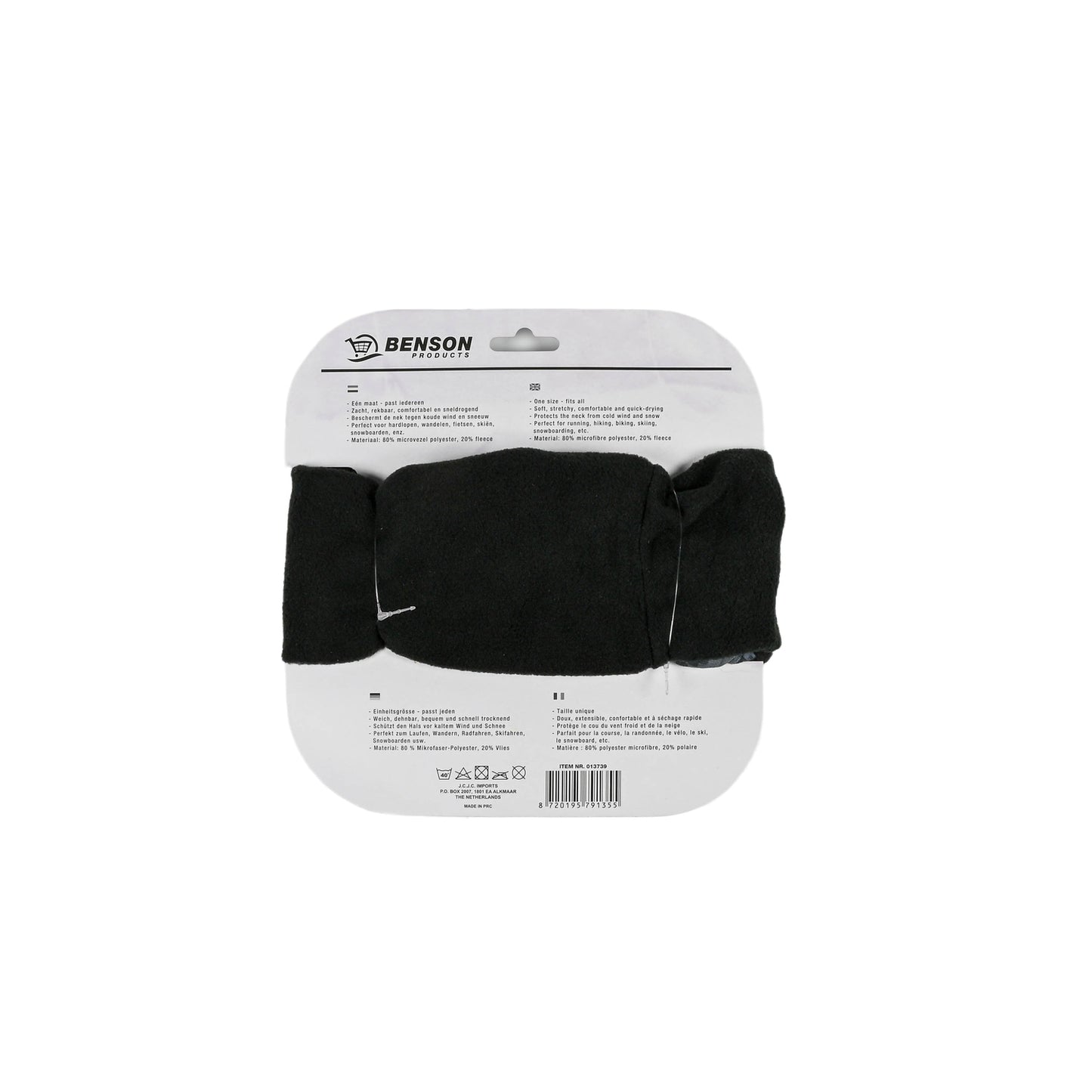Rückseite der Verpackungskarte mit schwarzem Fleece-Nackenwärmer und mehrsprachigen Pflege- und Materialangaben.