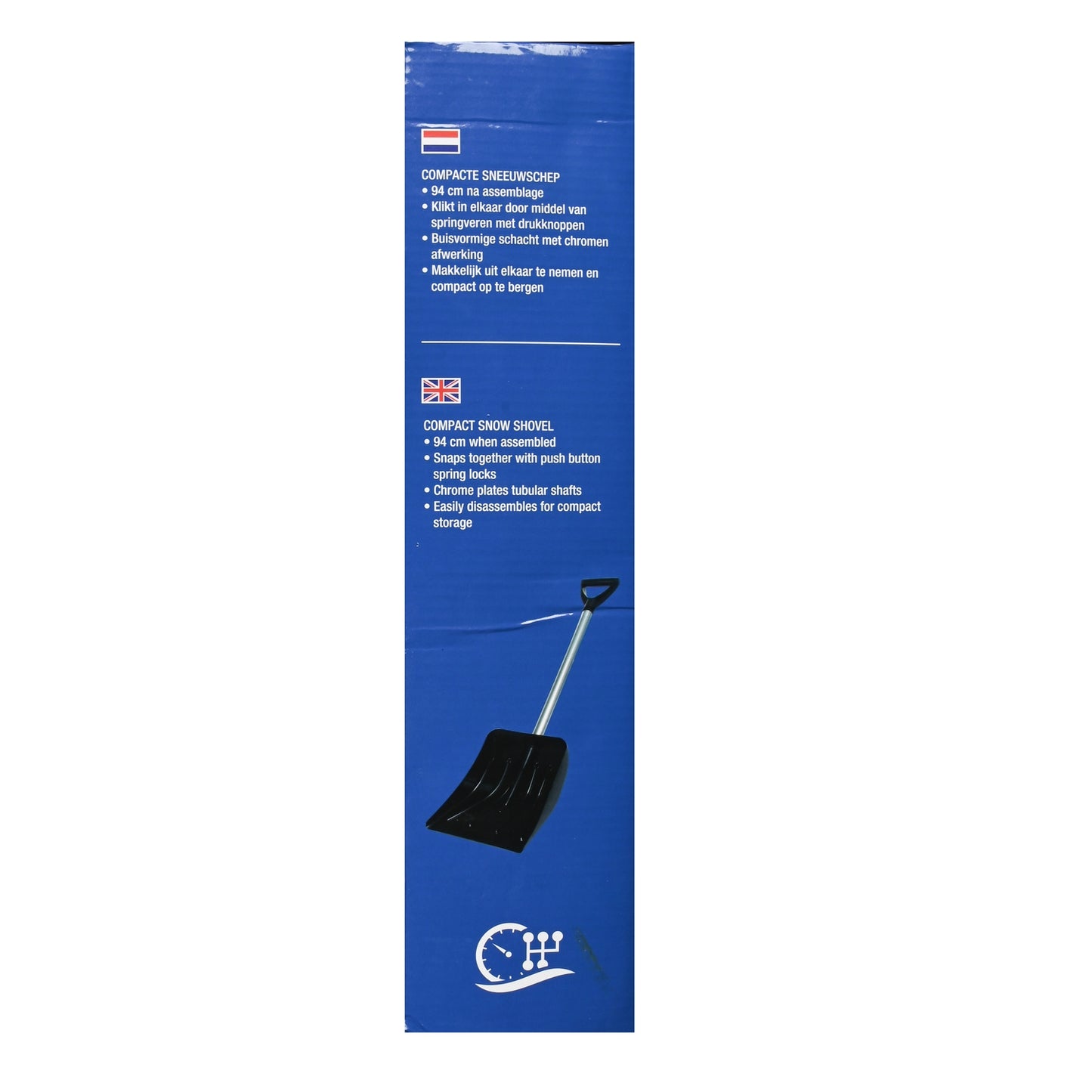 Seitenansicht der Verpackung mit Produktbeschreibung in Niederländisch und Englisch, darunter Abbildung der zusammengesetzten Schneeschaufel auf blauem Hintergrund.