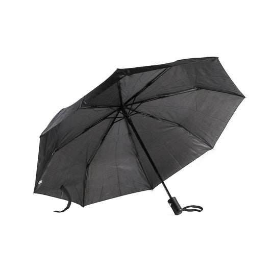 Schwarzer, geöffneter Taschenschirm mit automatischem Mechanismus und Handschlaufe am Griff, auf weißem Hintergrund.