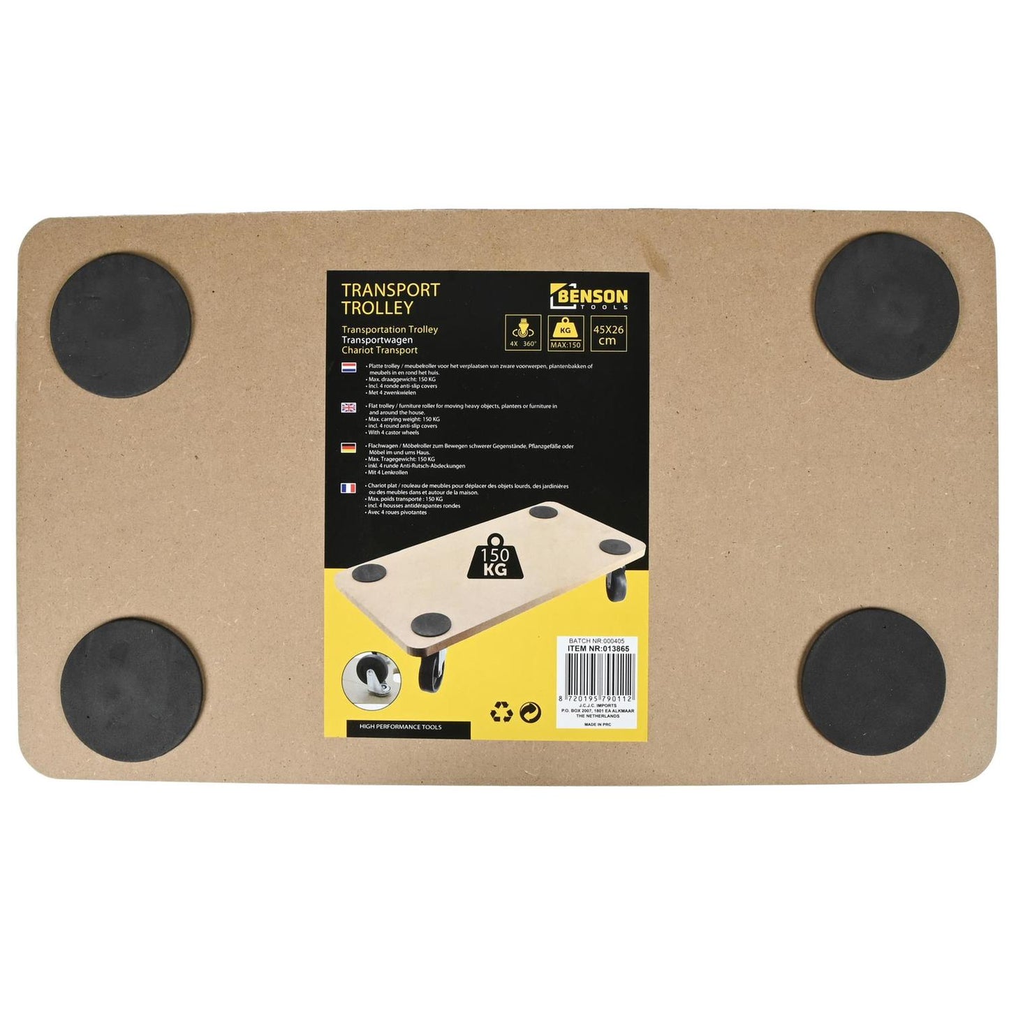 Rechteckiges Rollbrett aus naturfarbenem Holz, von oben fotografiert. In jeder Ecke befindet sich ein schwarzes Antirutschpad. Mittig ist ein großes Etikett mit dem Benson-Logo, drei Symbolen für Traglast (150?kg), Maße (45×26?cm) und vier drehbare Rollen