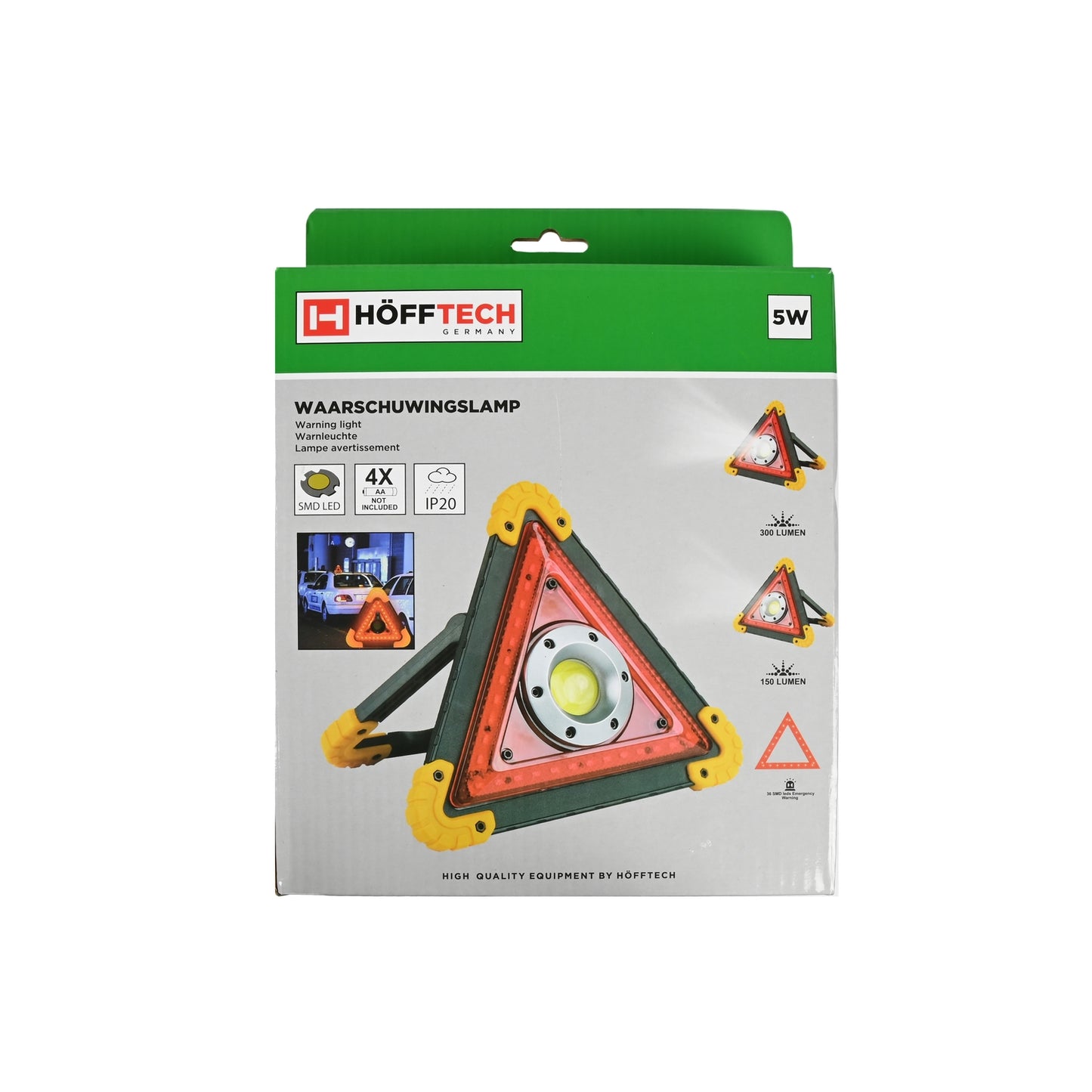 Frontalansicht der Verpackung. Oben: „Höfftech Germany“-Logo und „5W“-Angabe. Links: Produktname, darunter drei Piktogramme (SMD-LED, 4x AA nicht enthalten, IP20) und ein Foto mit drei weißen Autos bei Nacht, vor denen die rot leuchtende Warnleuchte aufge