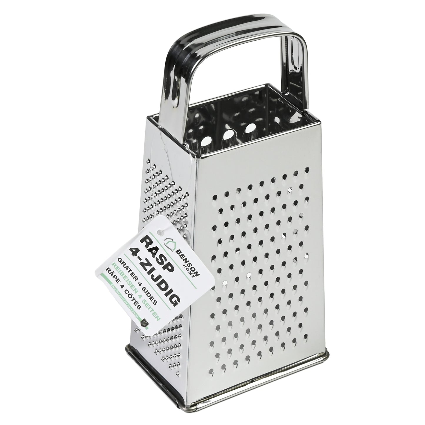 Vierseitige Küchenreibe aus Edelstahl mit Griff und verschiedenen Reibeflächen, versehen mit einem hängenden Produktetikett „Rasp 4-zijdig“, freigestellt auf weißem Hintergrund.