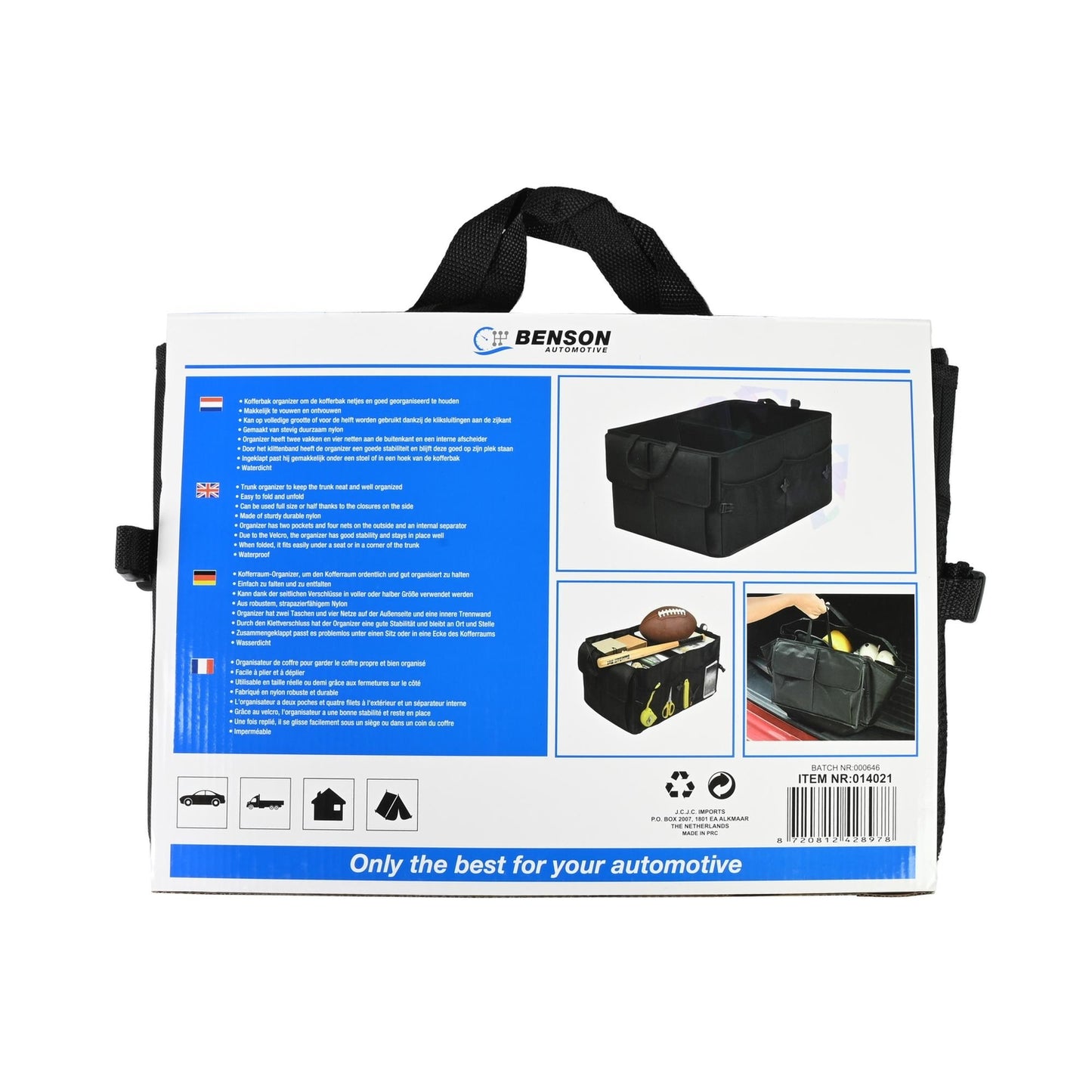 Rückseite der Verpackung des Kofferraum-Organizers mit mehrsprachiger Beschreibung, Produktfotos und Herstellerangaben.