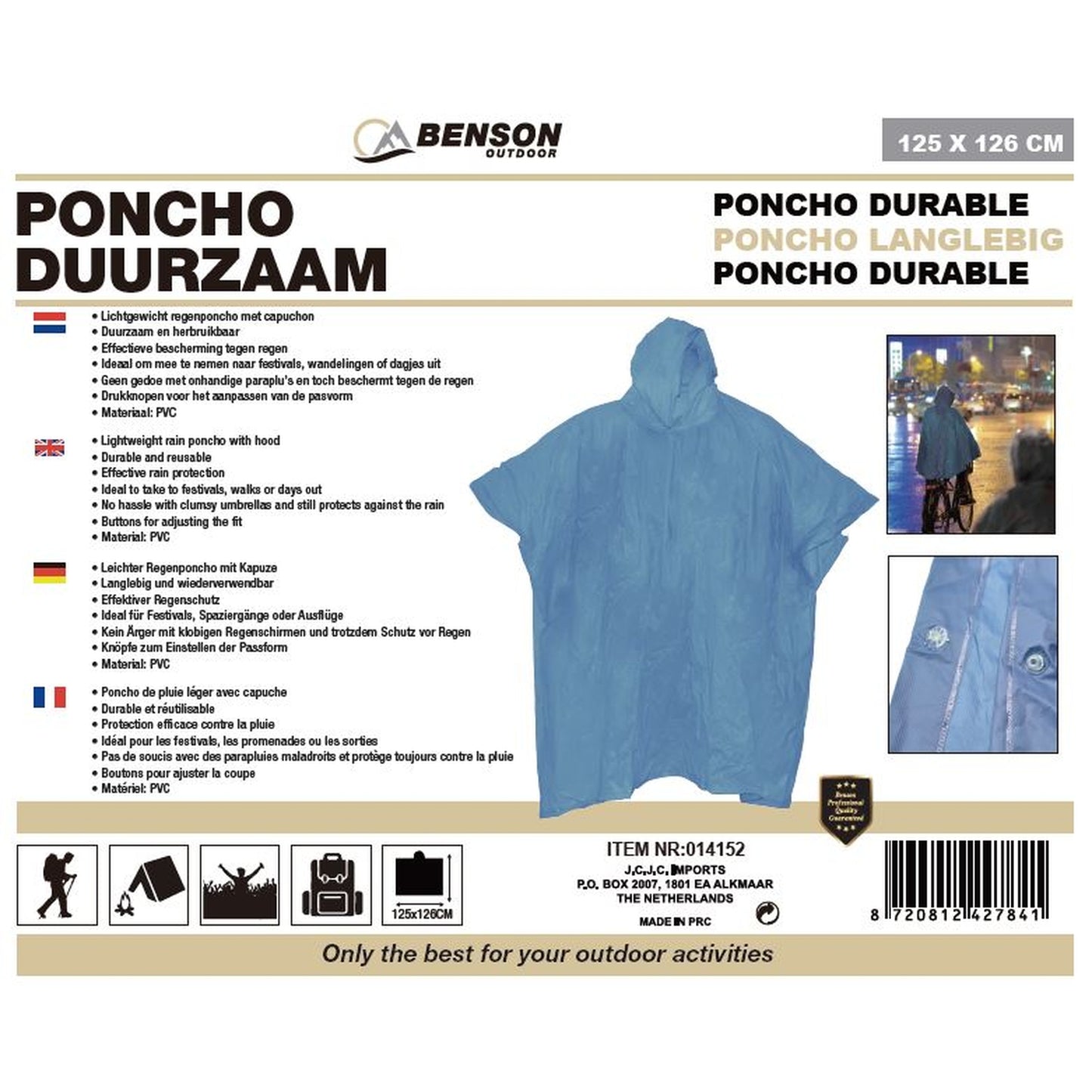 Verpackungsrückseite des hellblauen Regenponchos mit Produktbeschreibung in mehreren Sprachen, technischen Angaben und vier Beispielbildern.