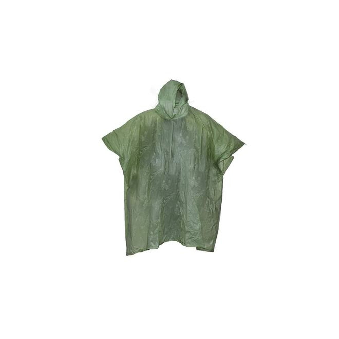 Grüner Regenponcho mit Kapuze, aus dünnem, wasserabweisendem Material, flach ausgebreitet dargestellt.