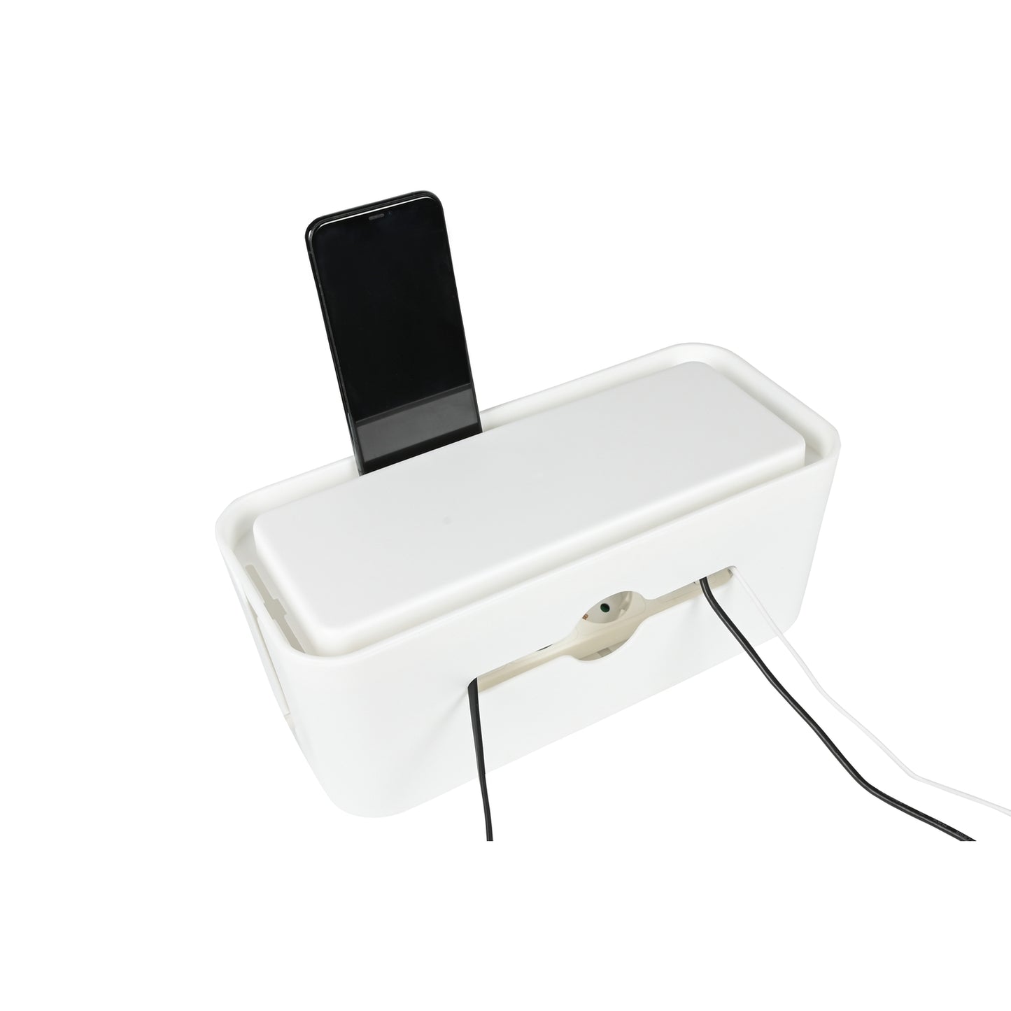Geschlossene Kabelbox mit herausgeführten Kabeln und einem auf dem Deckel stehenden Smartphone.