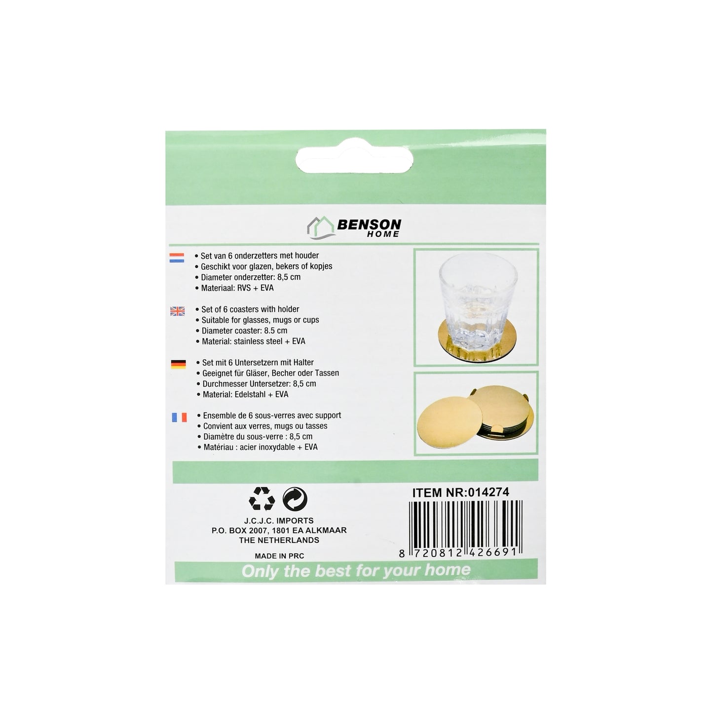 Rückseite der Verpackung des sechsteiligen Untersetzer-Sets mit Produktinformationen in vier Sprachen und zwei Anwendungsfotos mit Glas und Halter.