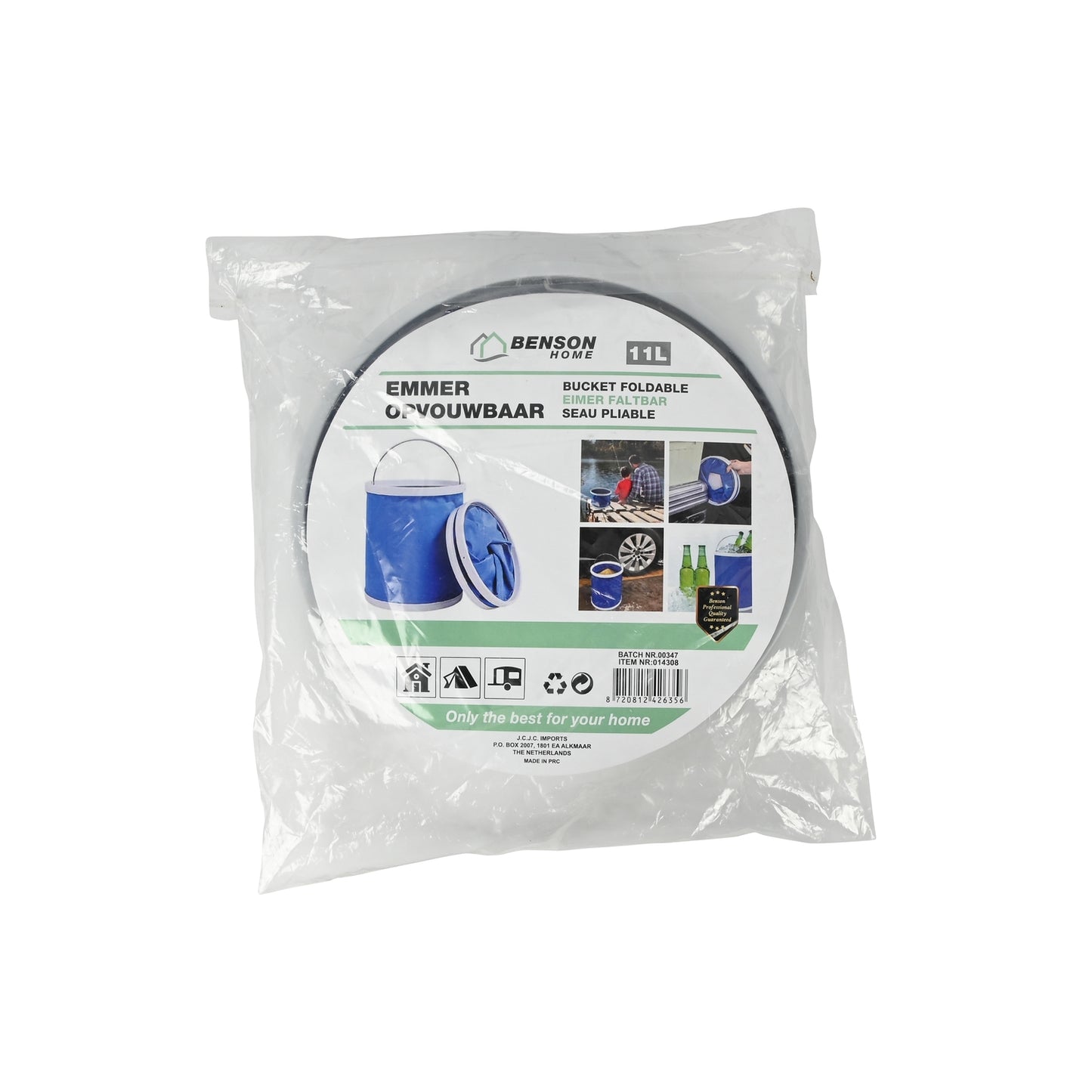 Verpackter blauer Falt-Eimer mit Etikett in transparenter Kunststoffhülle, Aufdruck zeigt Produktfotos und Aufschrift „Benson Home – 11 L“